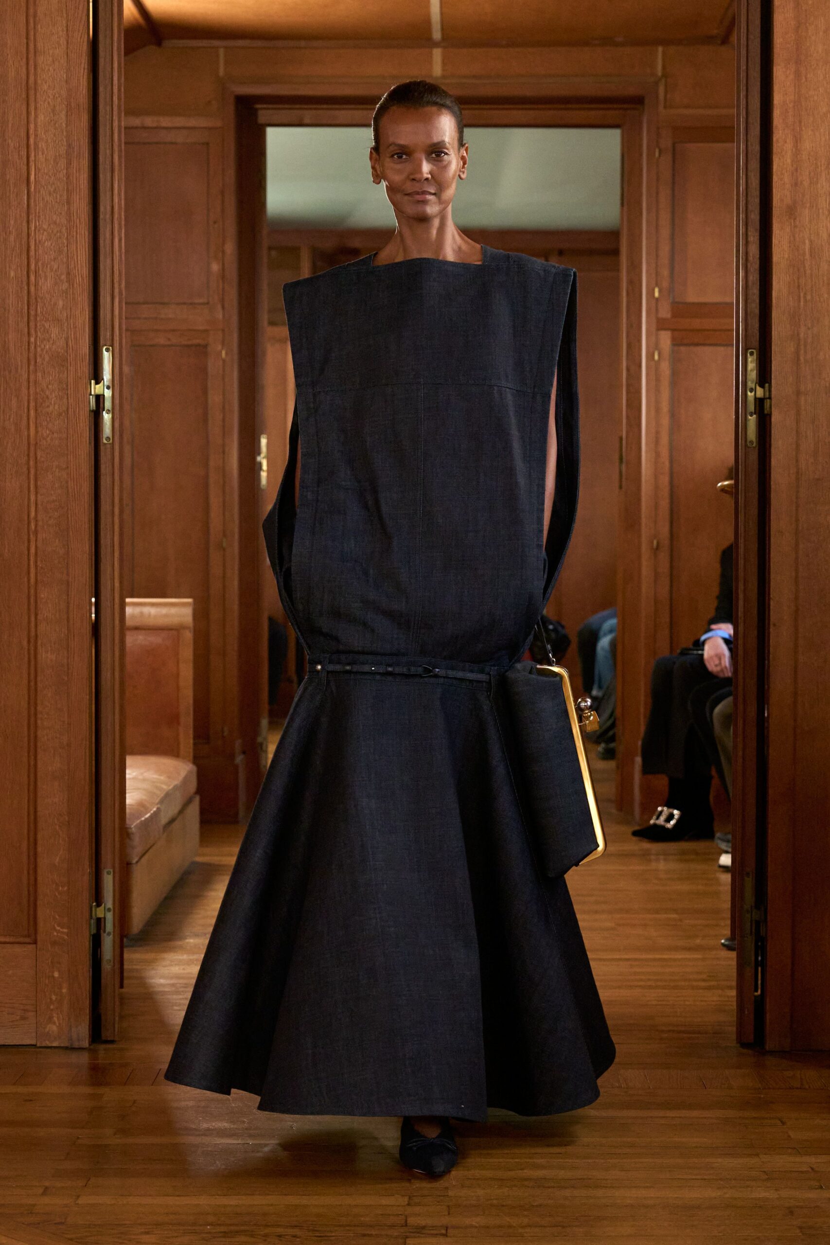 blue denim sleeveless relaxed flared midi dress