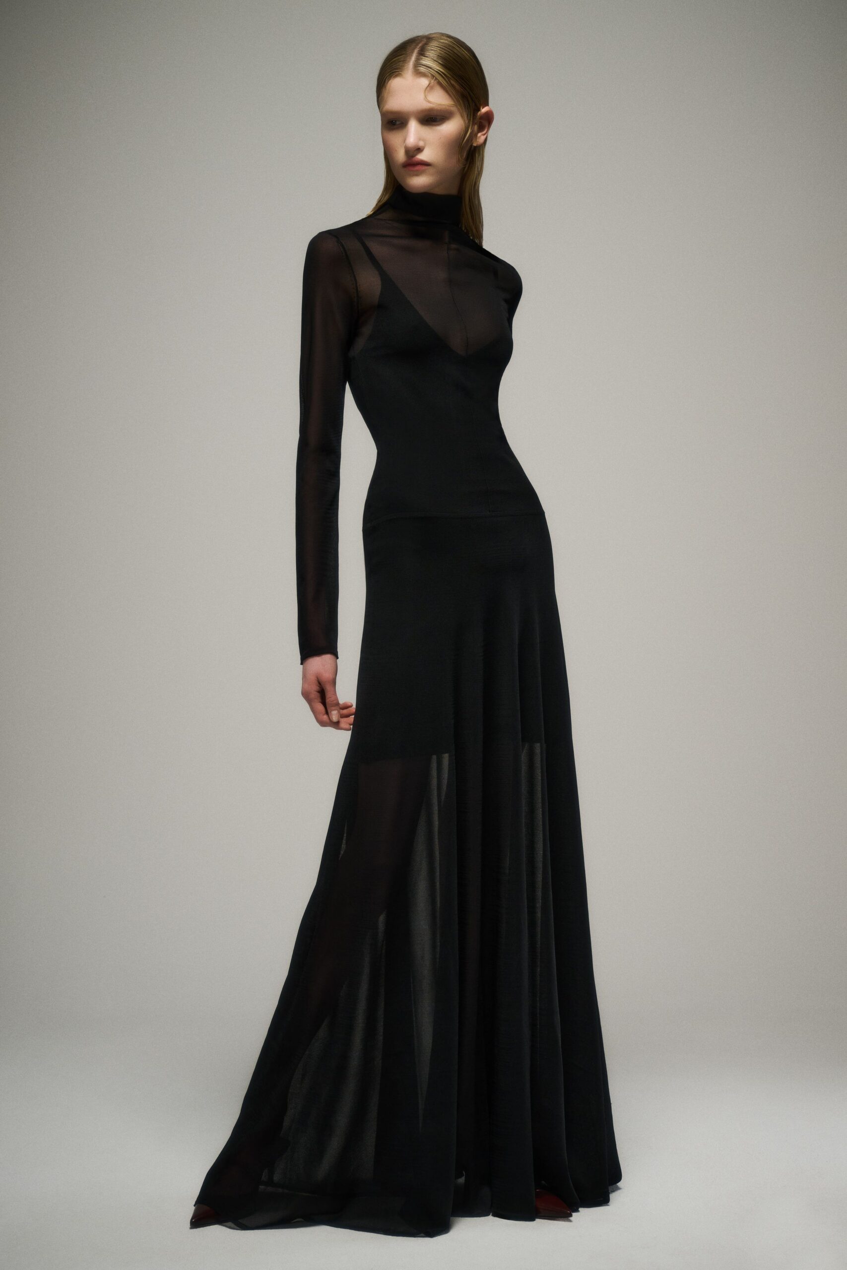 black silk long-sleeve gown