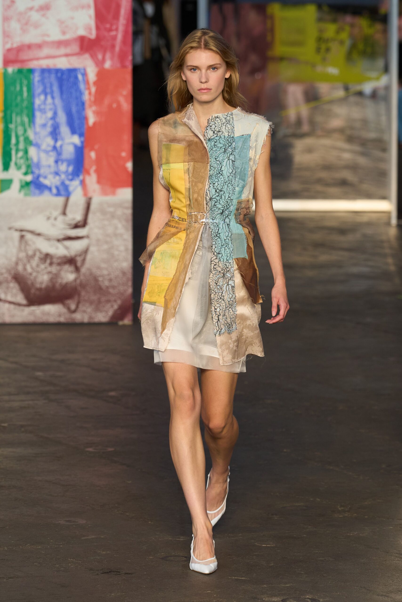 multi silk sleeveless v-neck fitted layered embroidered dress