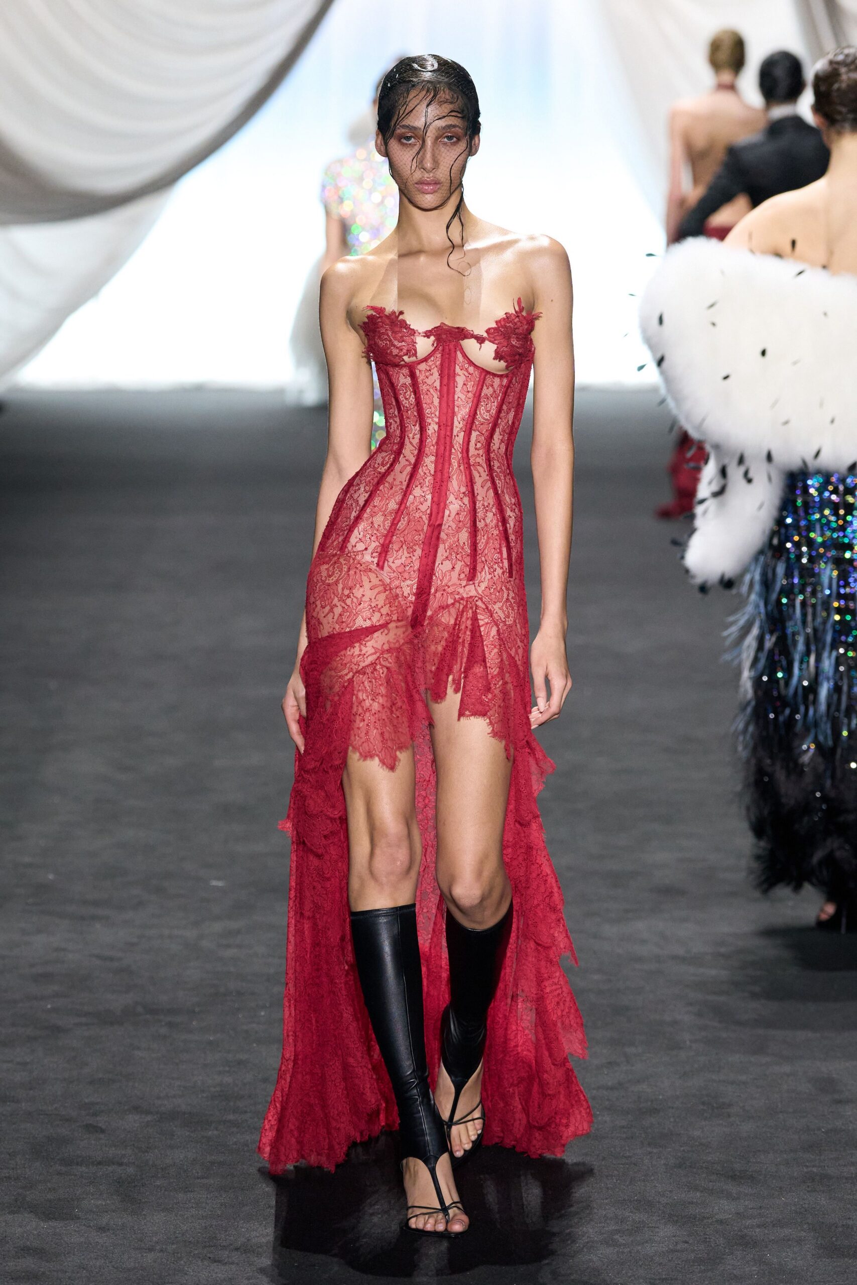 red lace fitted gown with black shoes