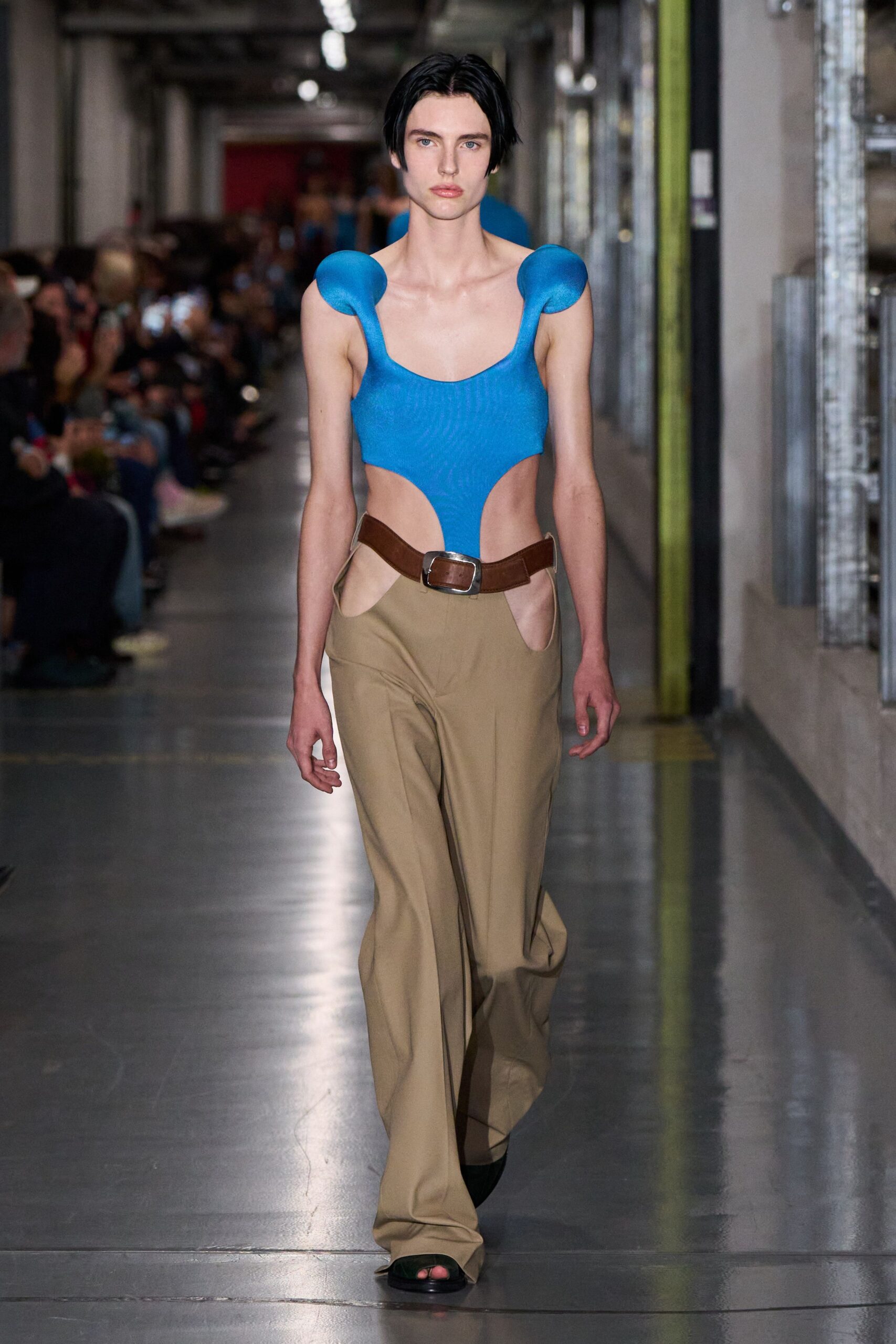 blue fitted top beige pants