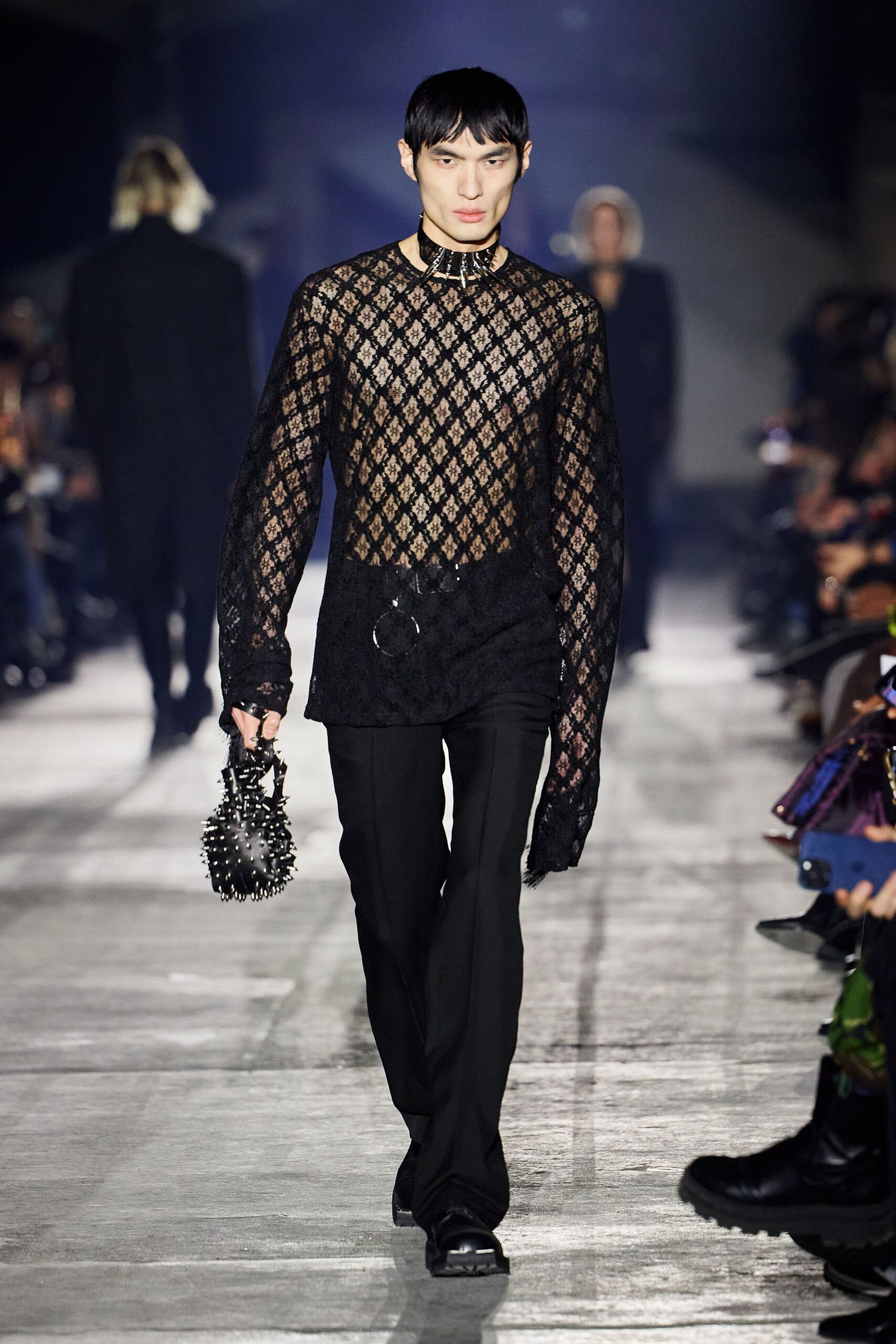 black lace long-sleeve high-neck fitted embroidered top