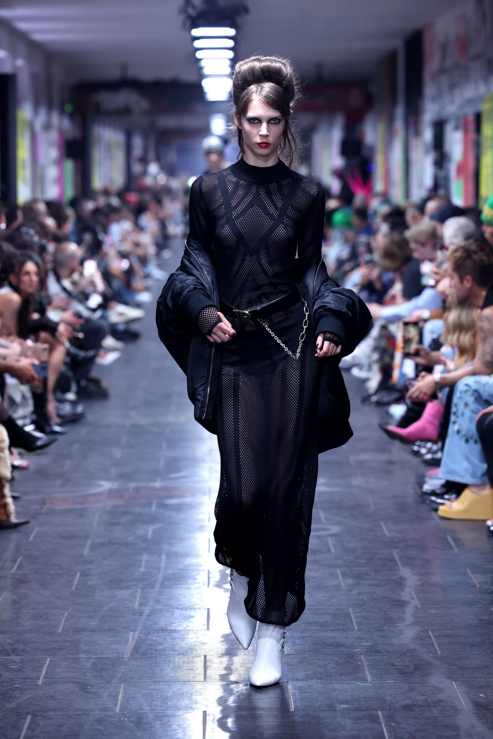 black mesh maxi dress with oversized coat