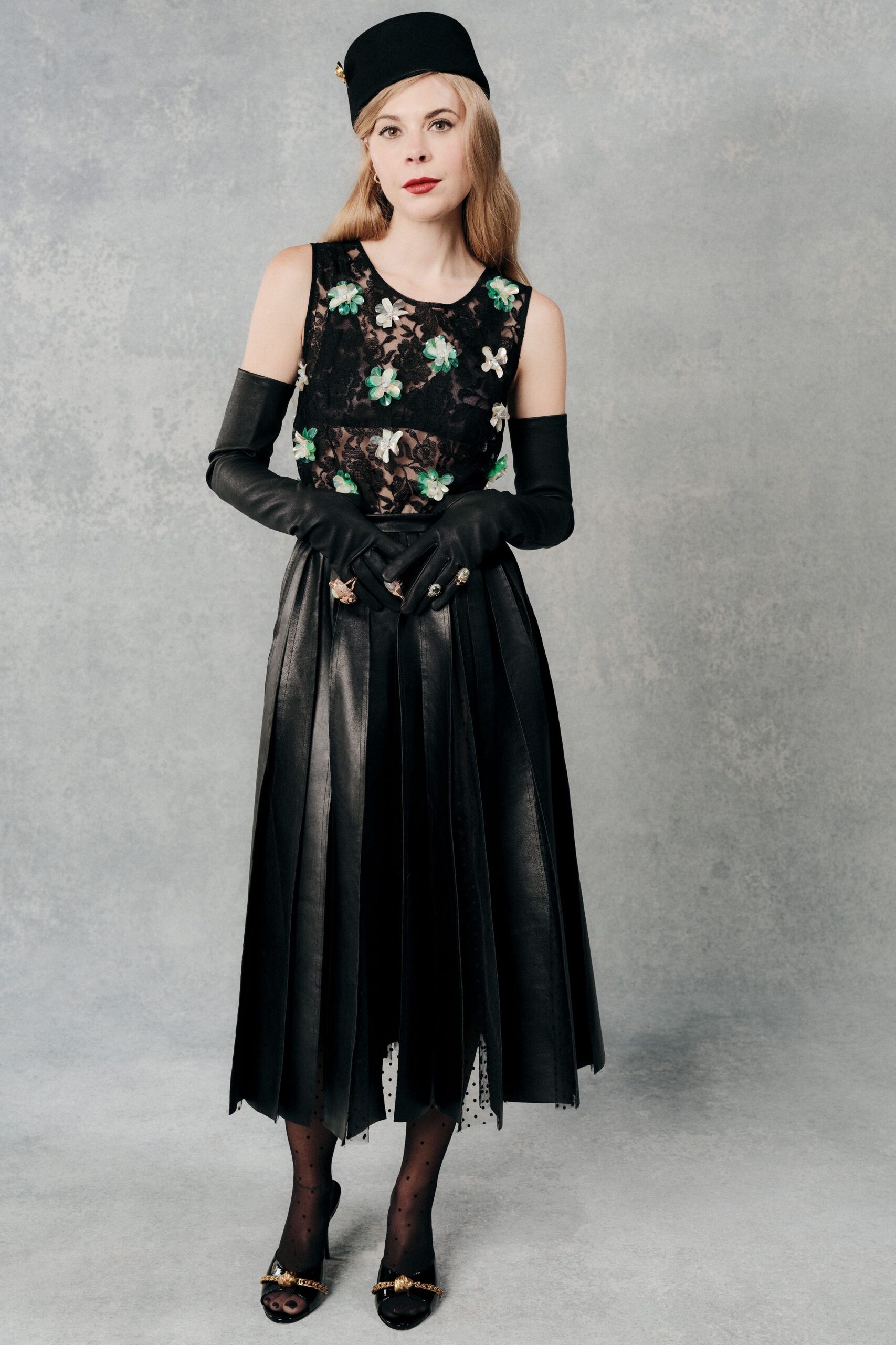 black leather sleeveless v-neck fitted floral pleated dress