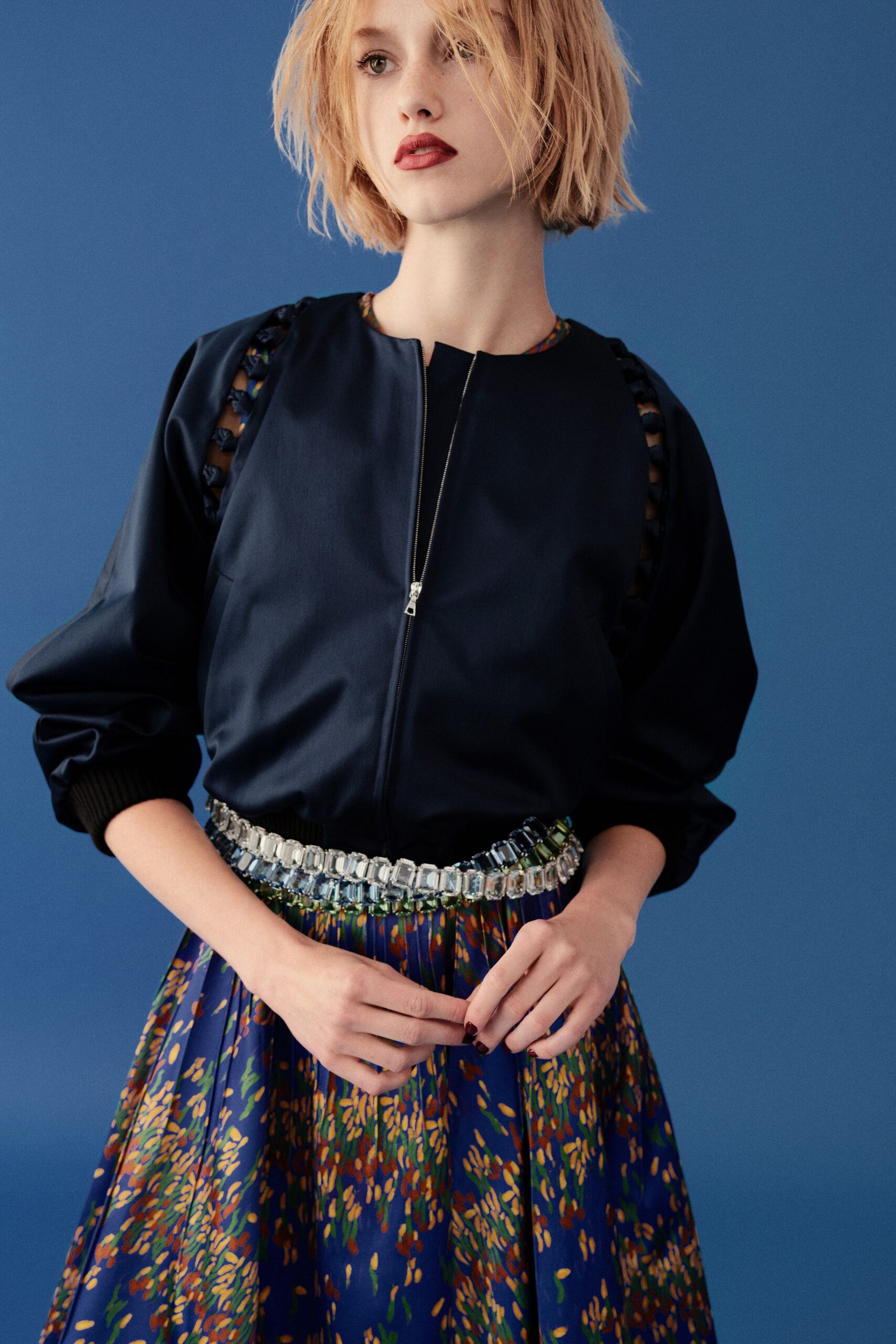 blue cotton long-sleeve collared relaxed zippered jacket