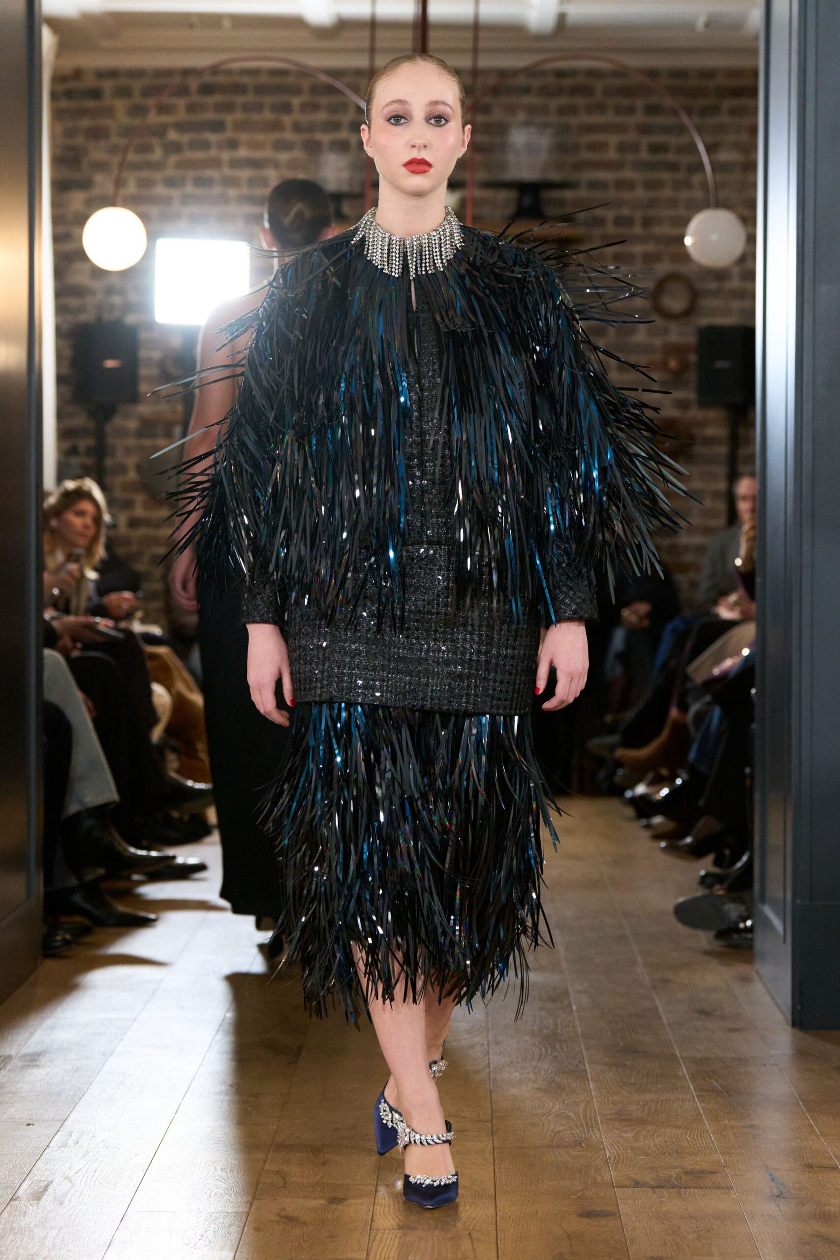 black fringed midi dress with blue shoes