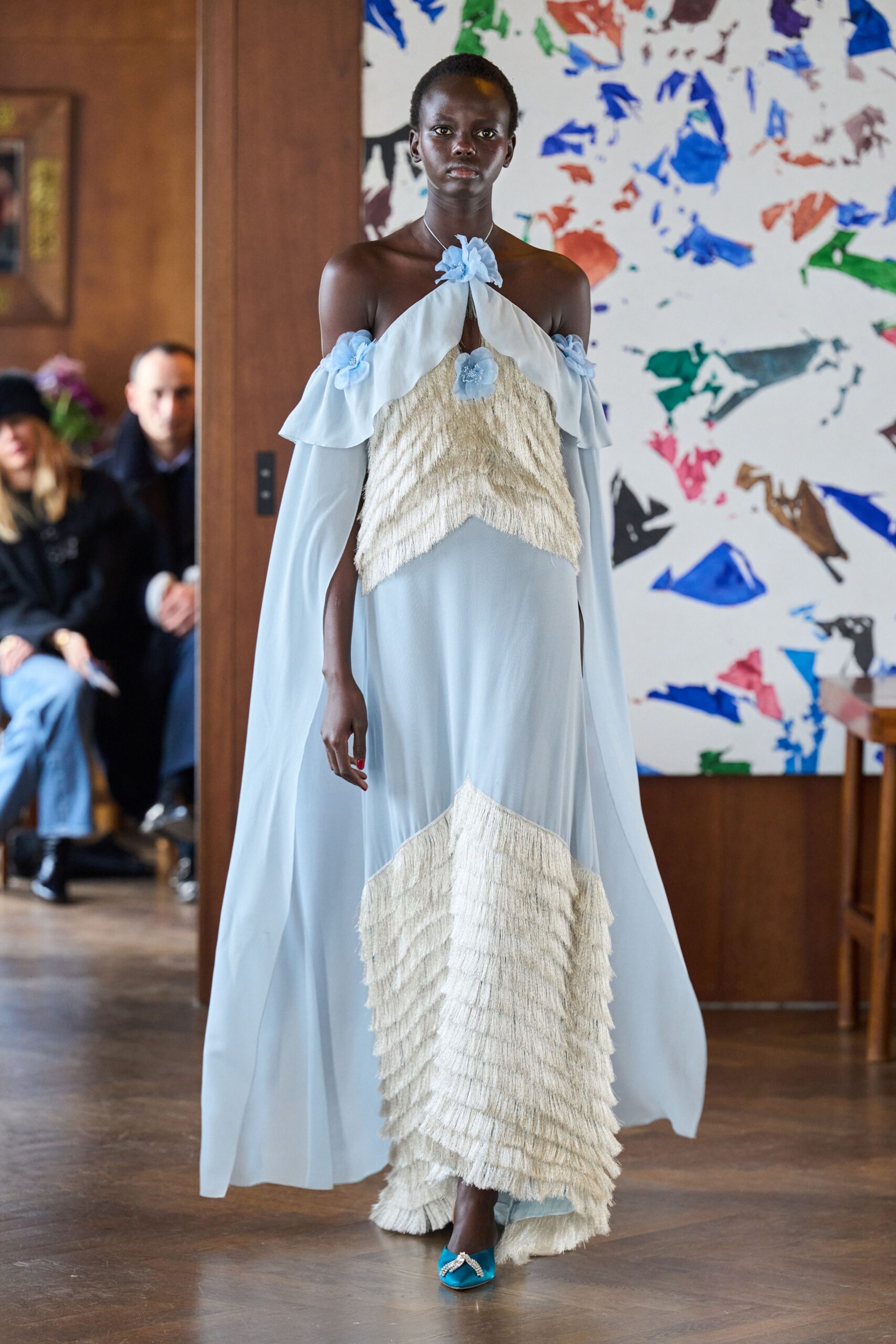 blue off-shoulder ruffled gown