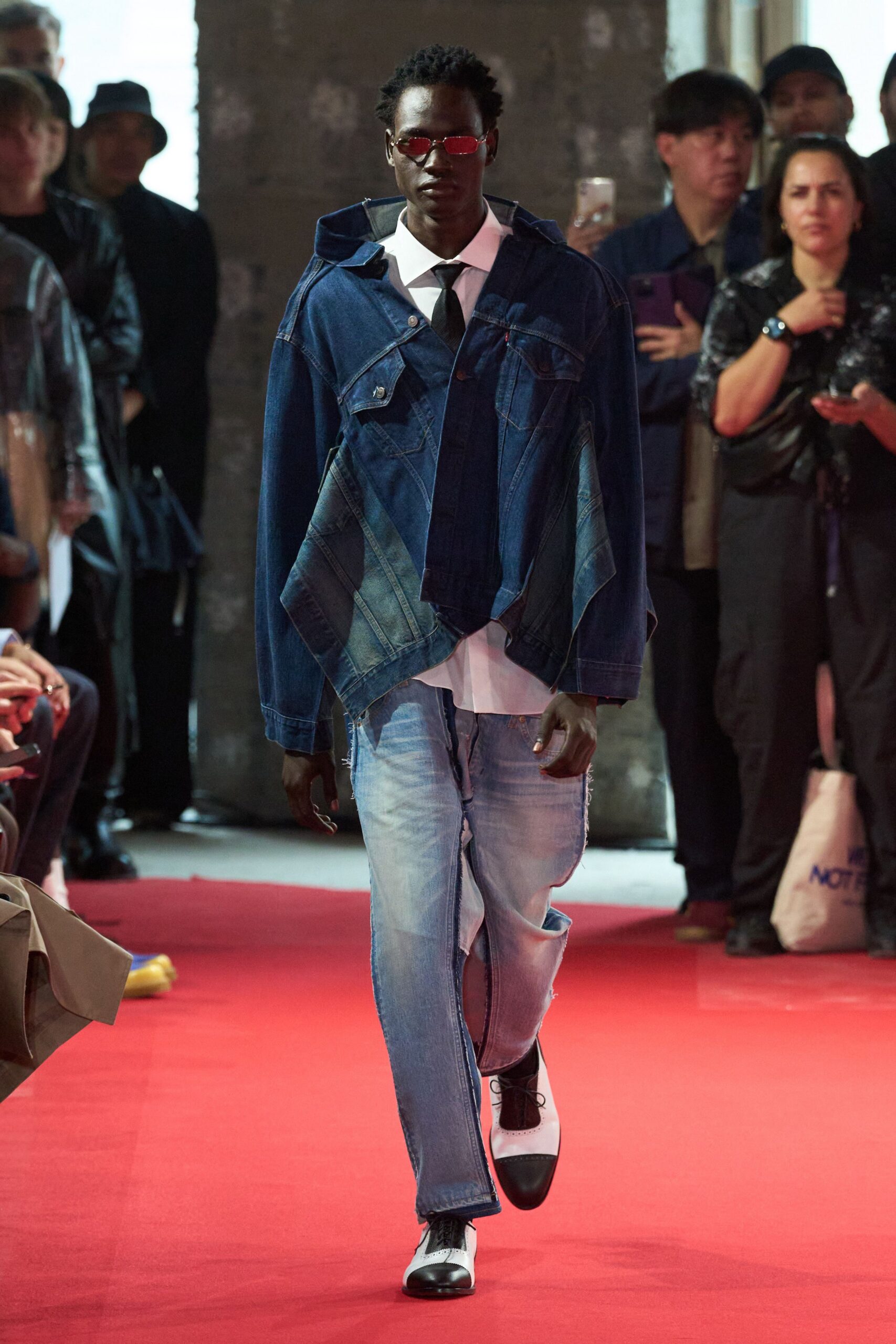 blue denim long-sleeve collared oversized layered jacket