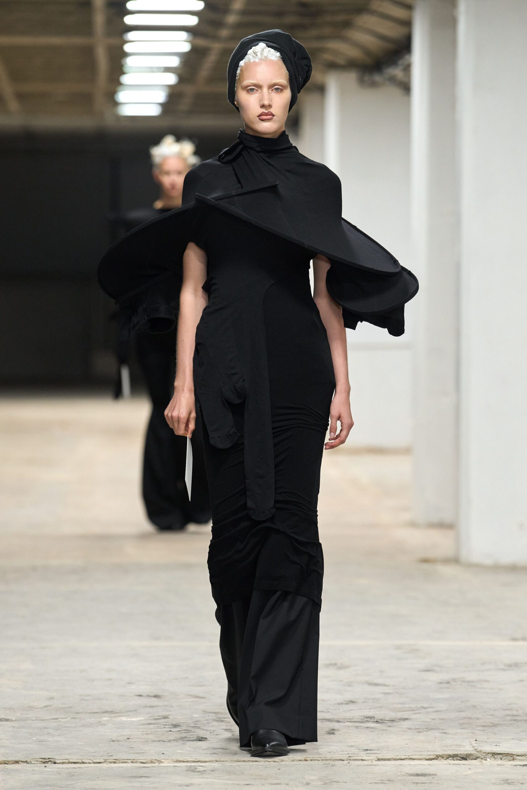 black cotton long-sleeve high-neck fitted draped layered dress