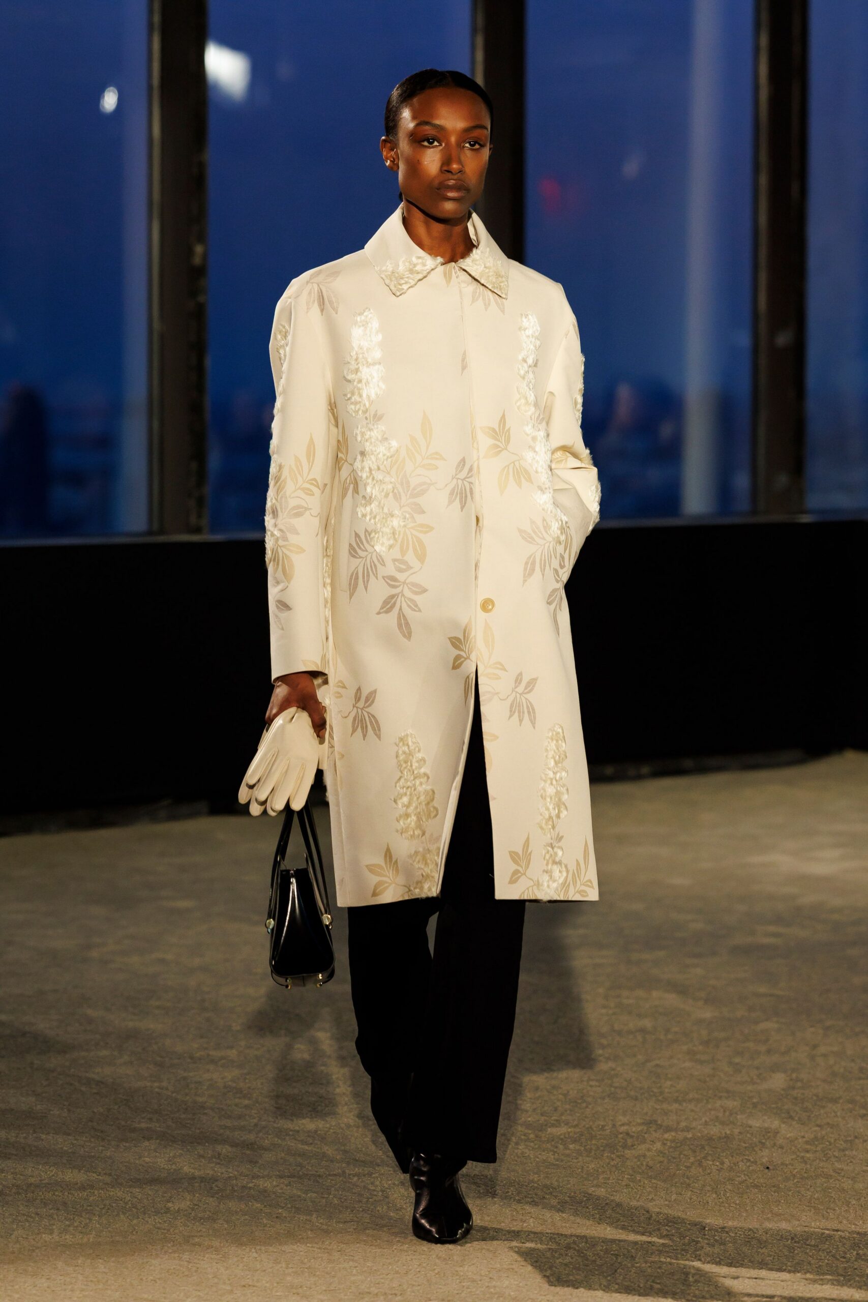 white cotton long-sleeve collared relaxed embroidered coat