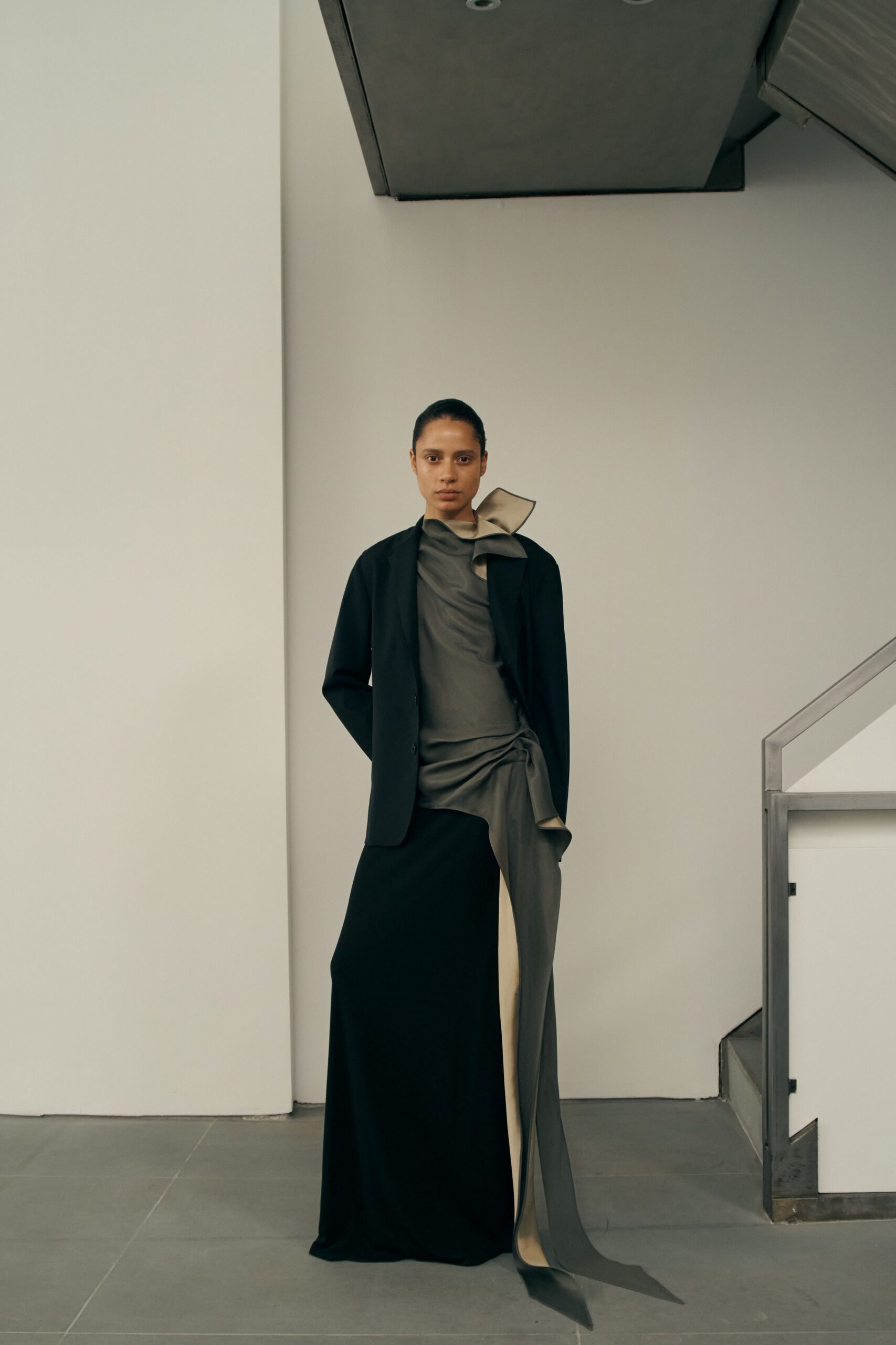 black and gray draped maxi dress with jacket