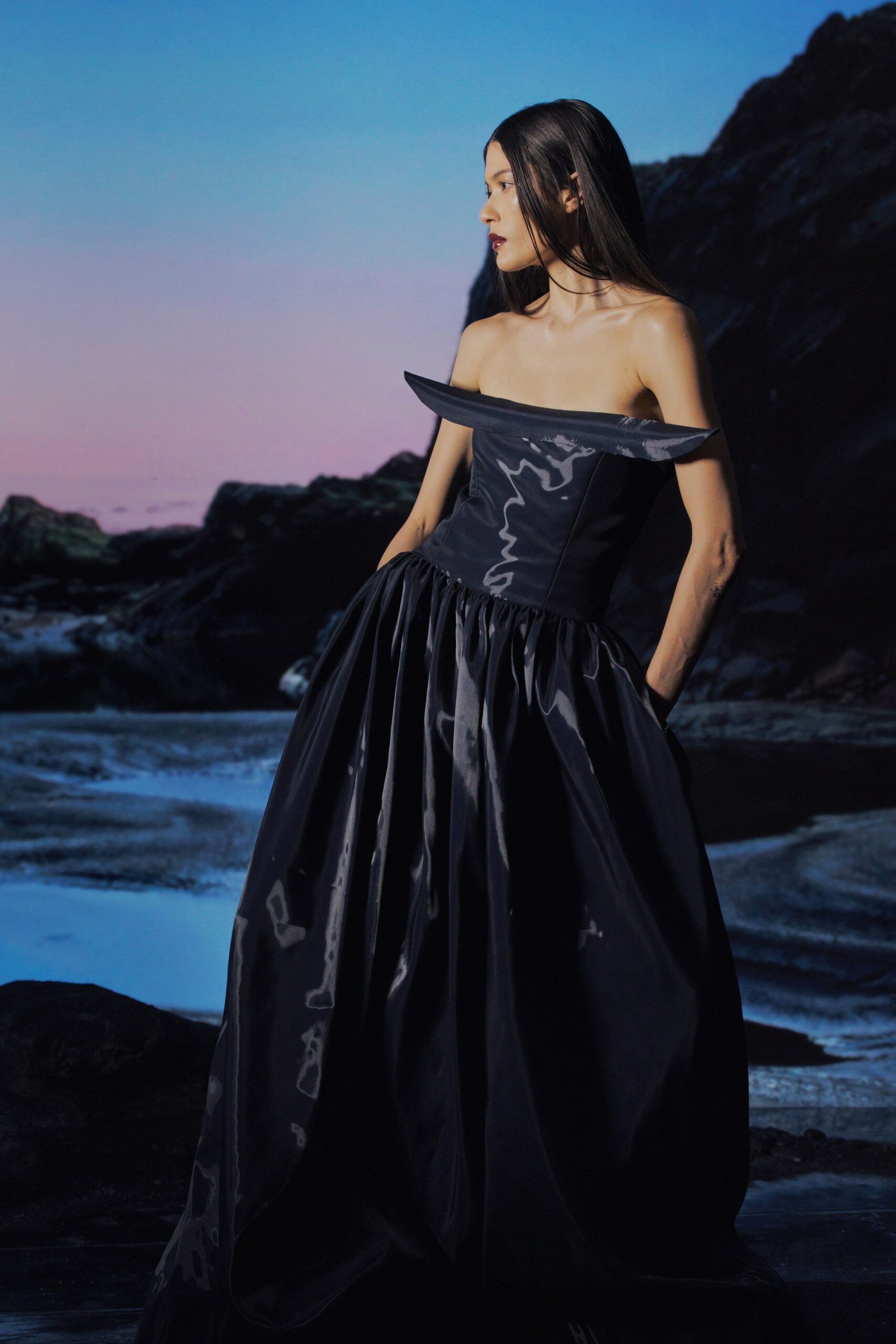 black silk strapless gown