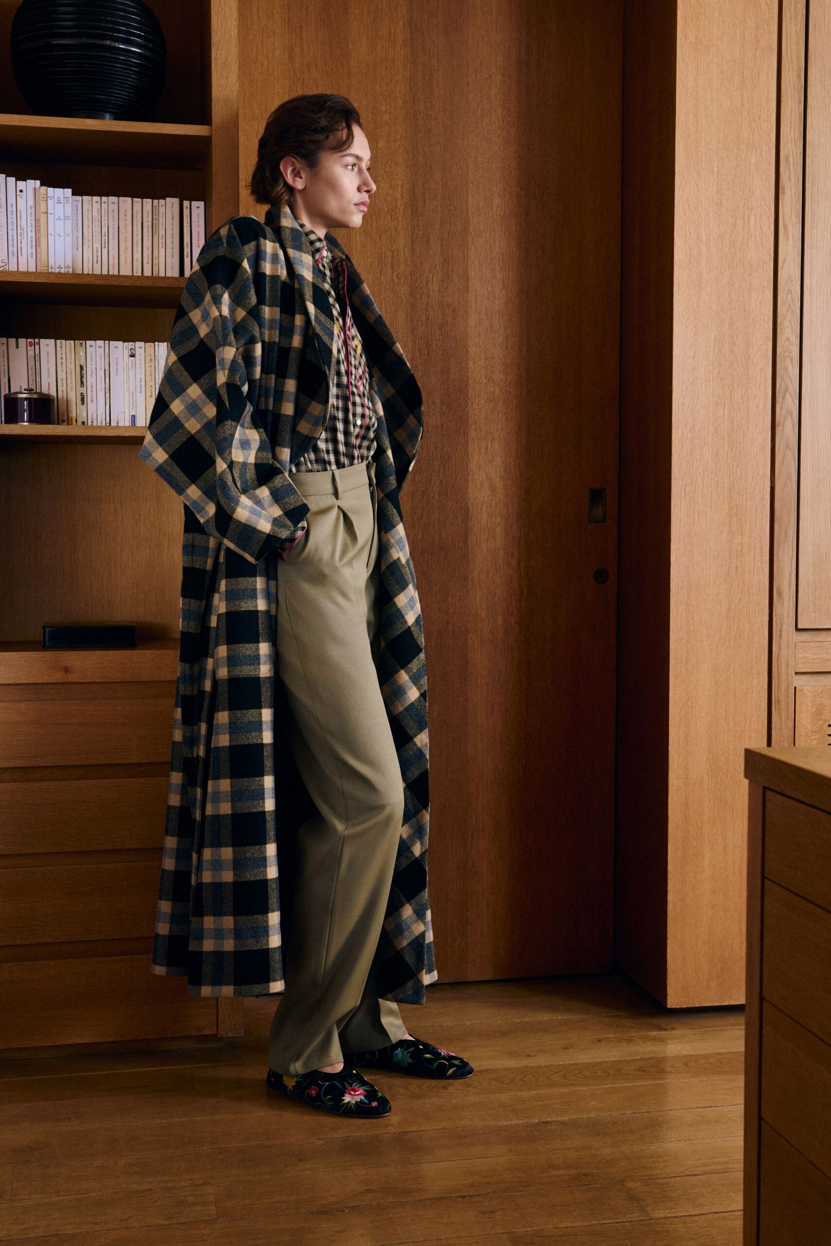 blue checked wool coat