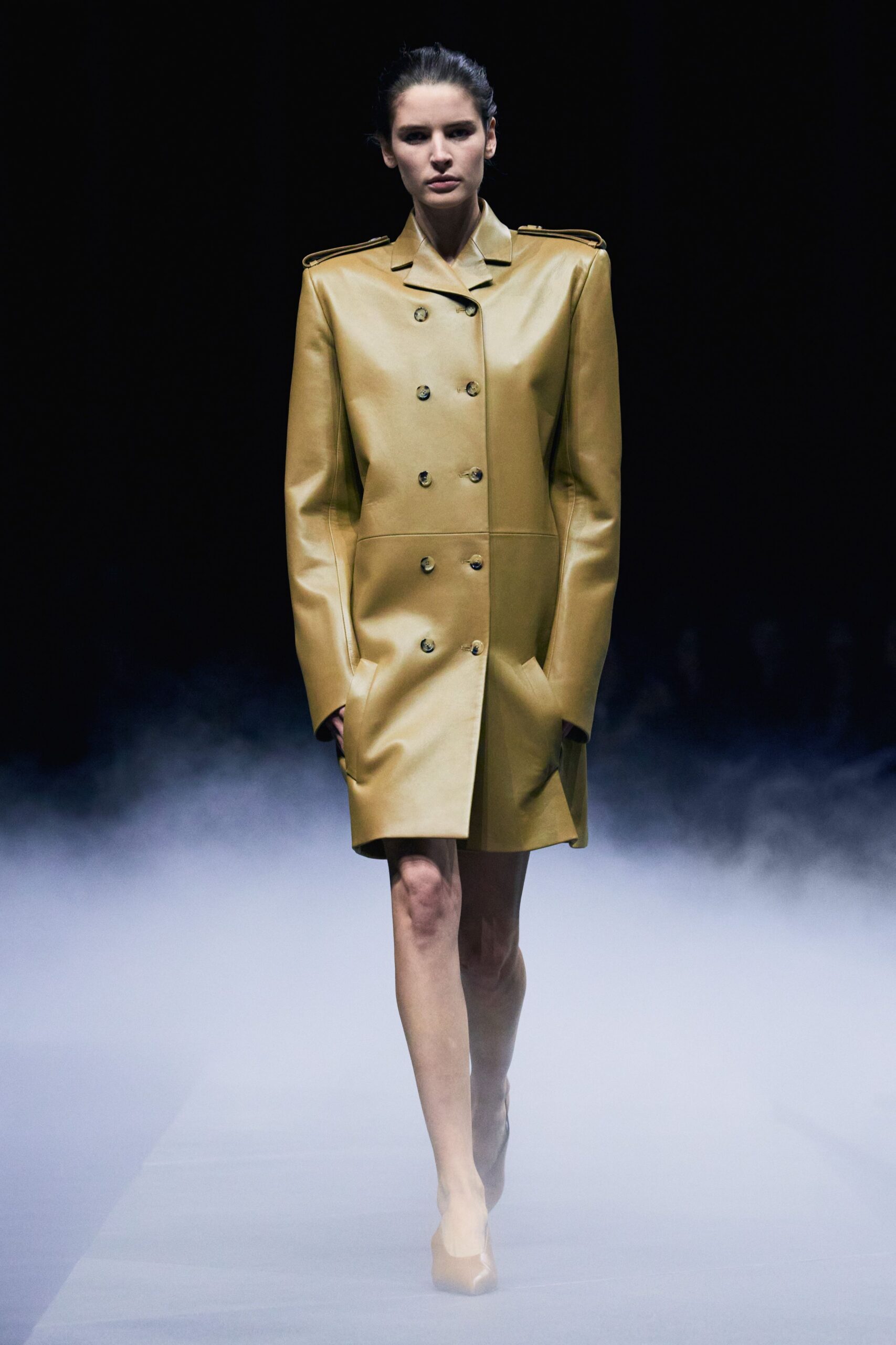 gold leather long-sleeve double-breasted structured coat