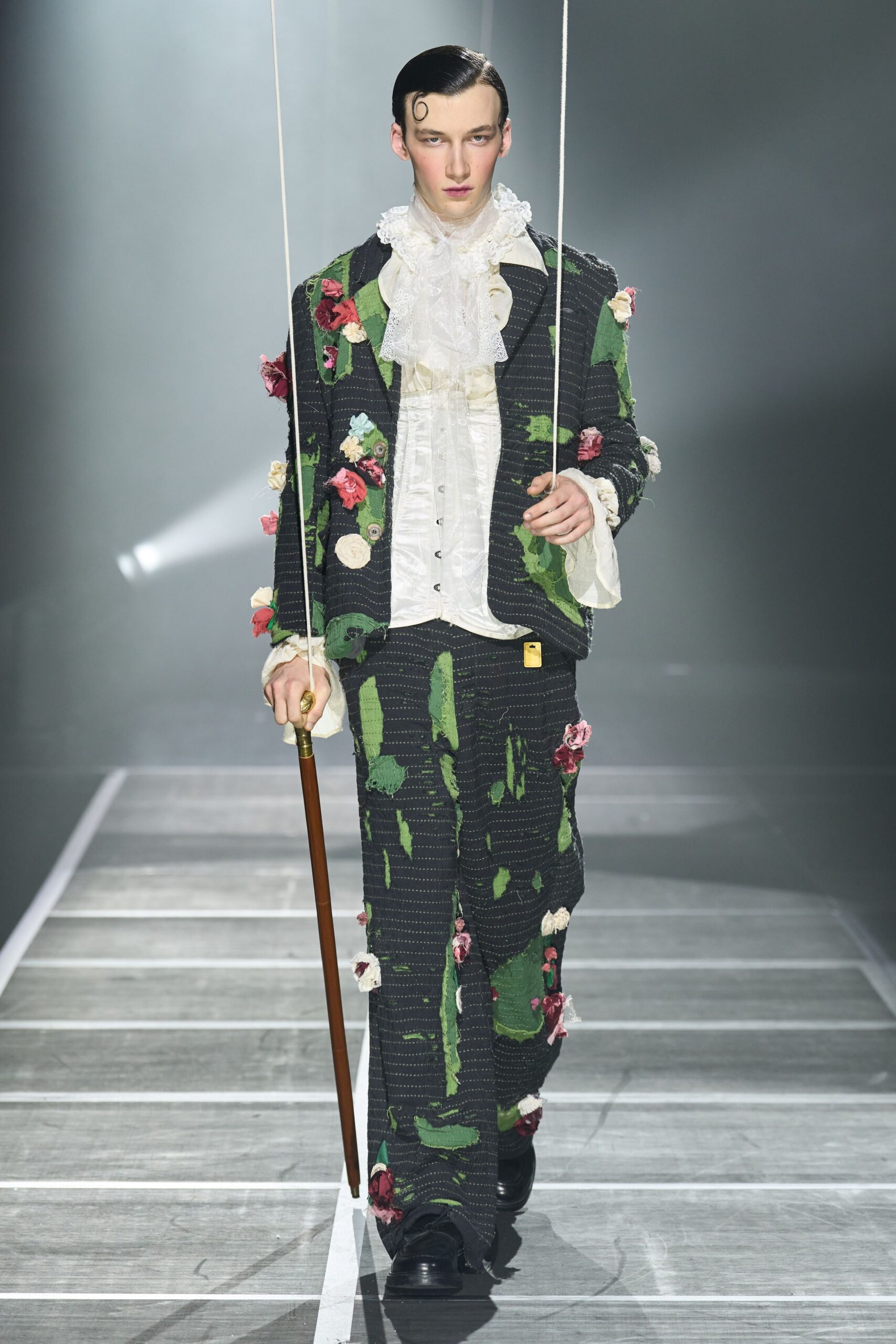 floral suit with ruffled shirt