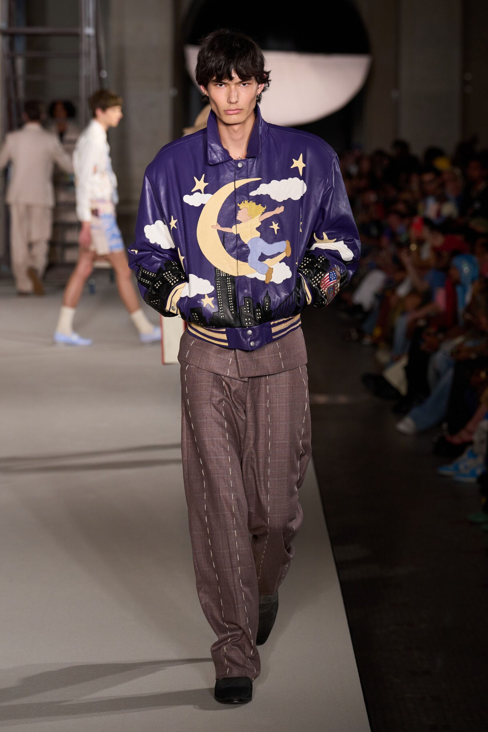 purple leather long-sleeve collared fitted embroidered zippered jacket