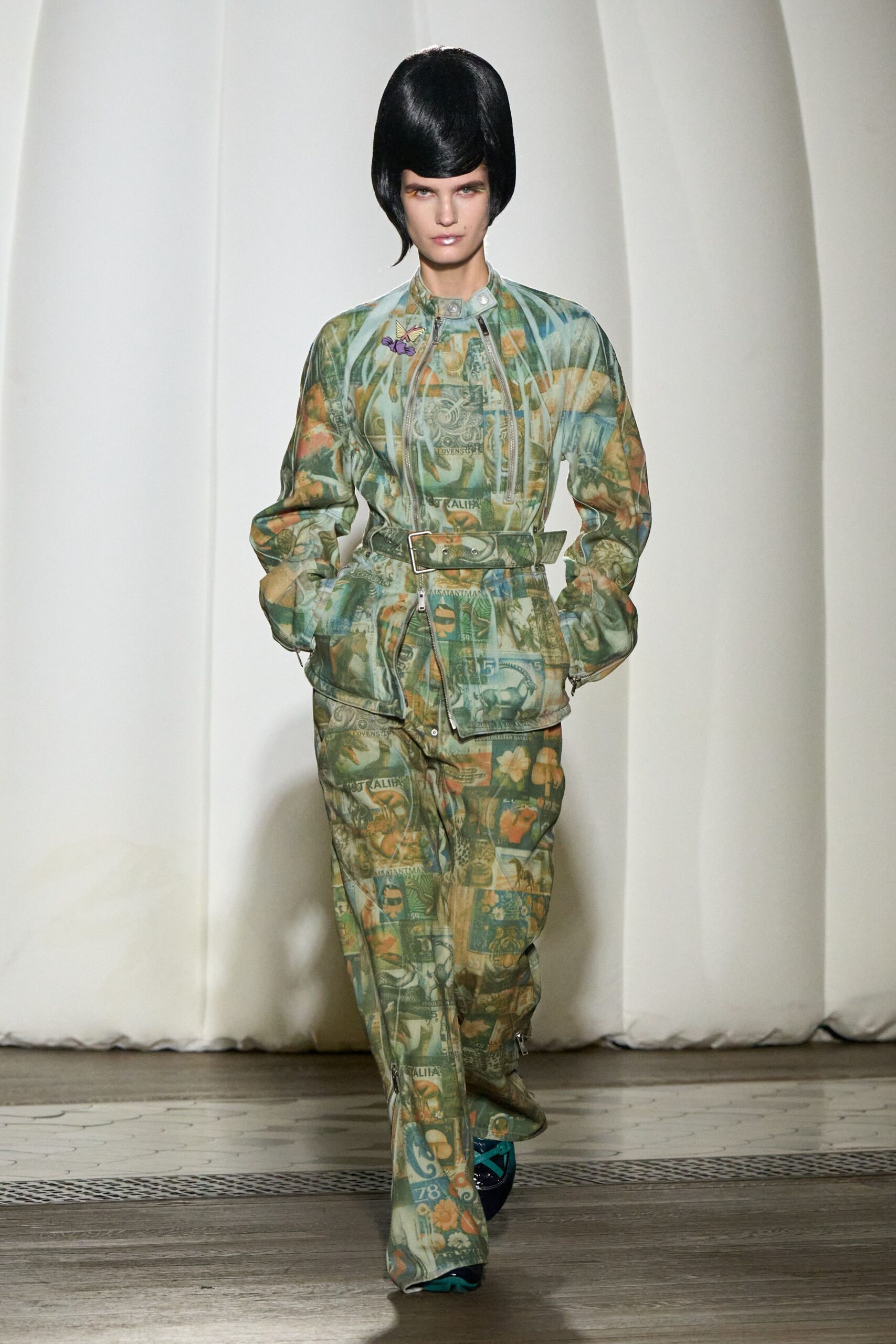 multi cotton long-sleeve collared fitted zippered pockets jumpsuit