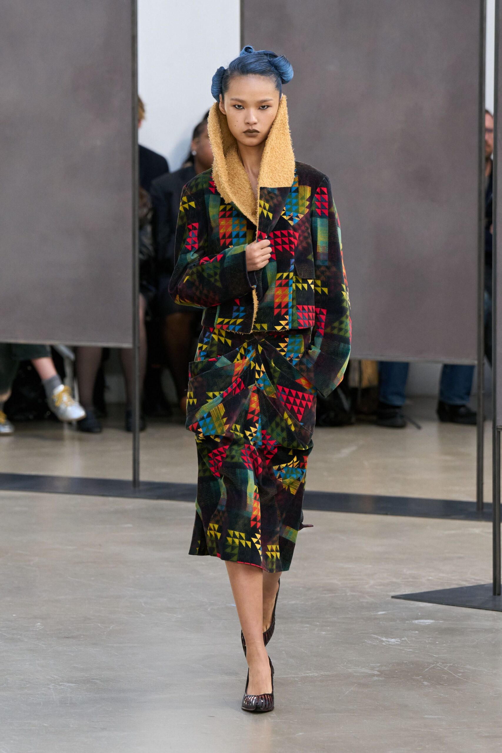 multi wool long-sleeve collared fitted patchwork midi coat