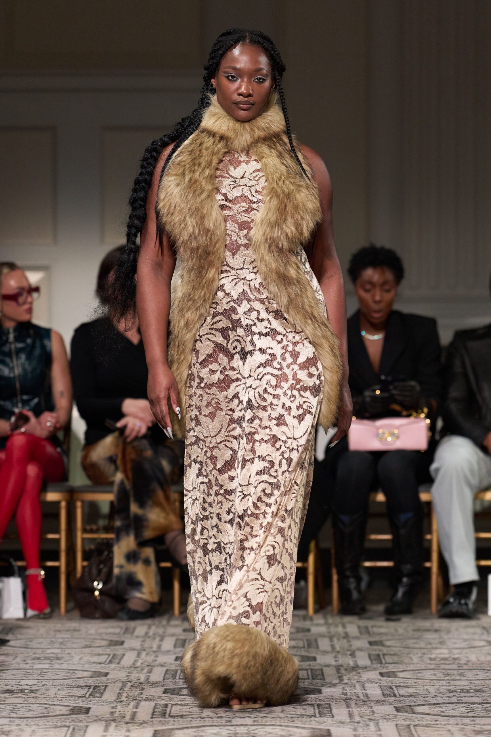 beige lace maxi gown with fur
