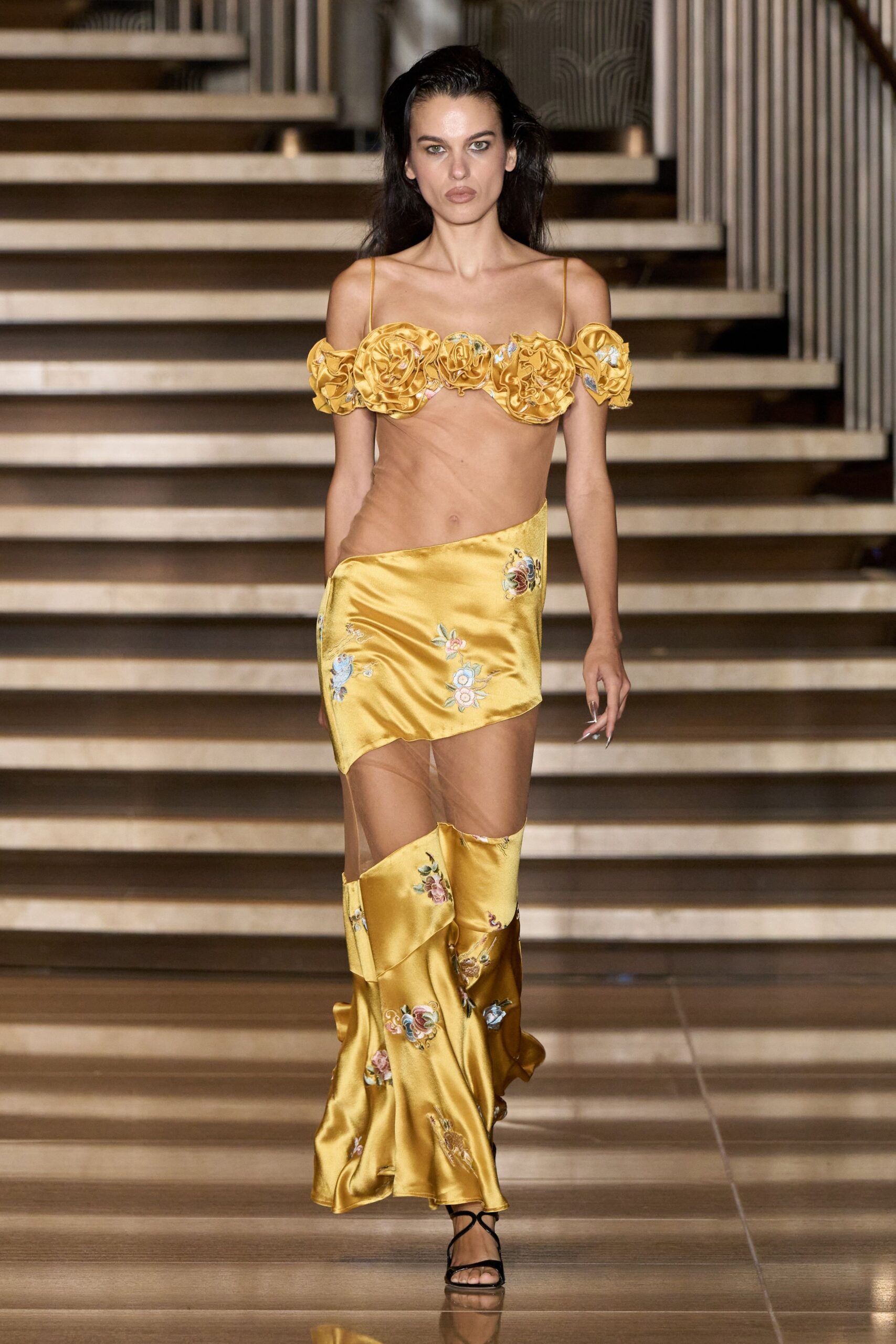 yellow silk slit fitted high-waisted embroidered maxi skirt