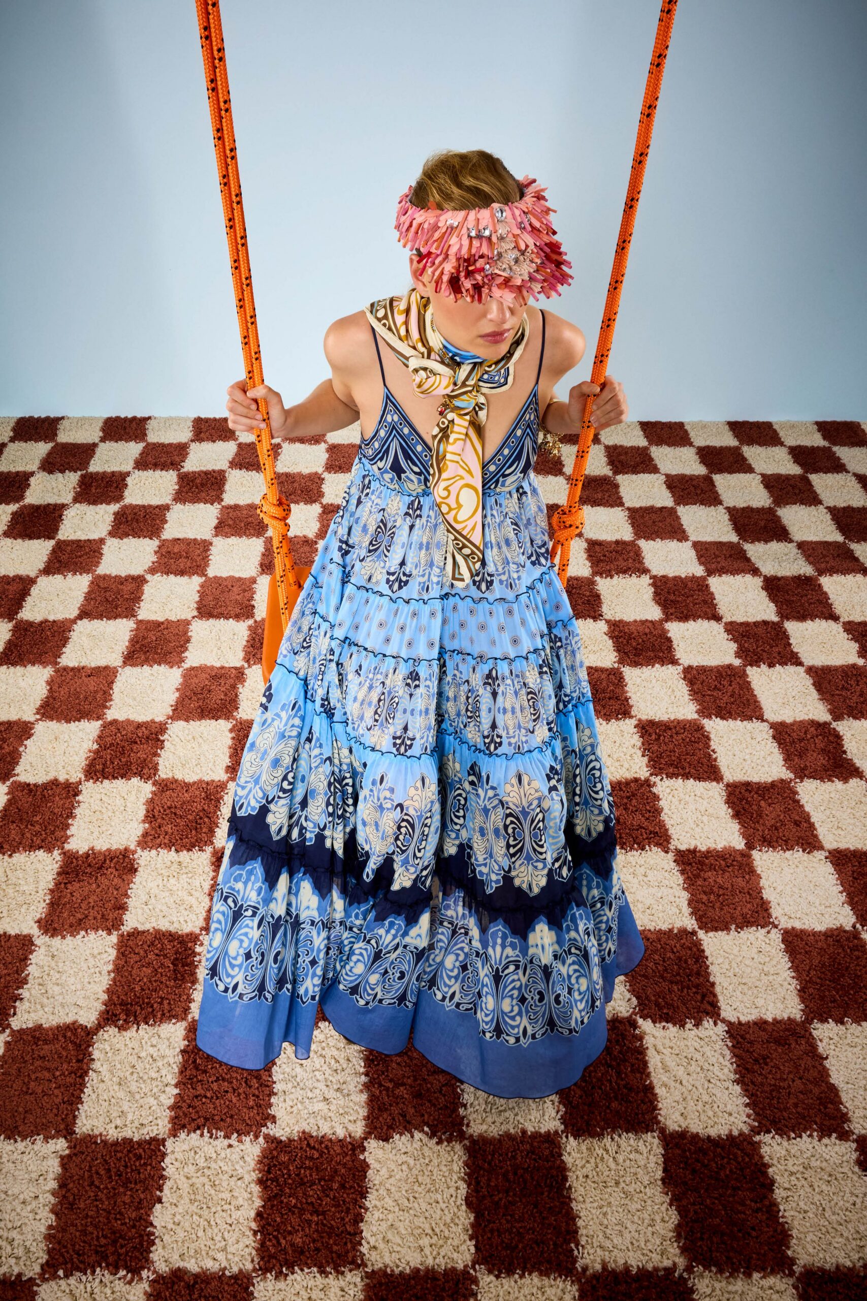 blue cotton sleeveless v-neck fitted tiered printed dress