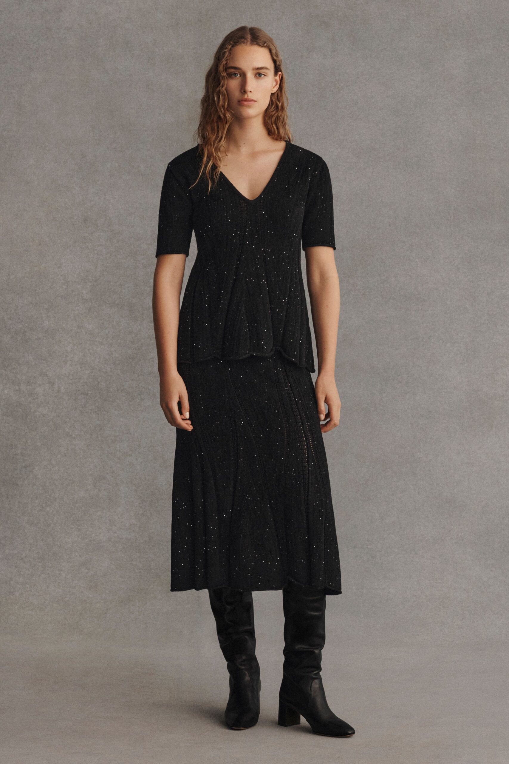 black silk pleated midi dress
