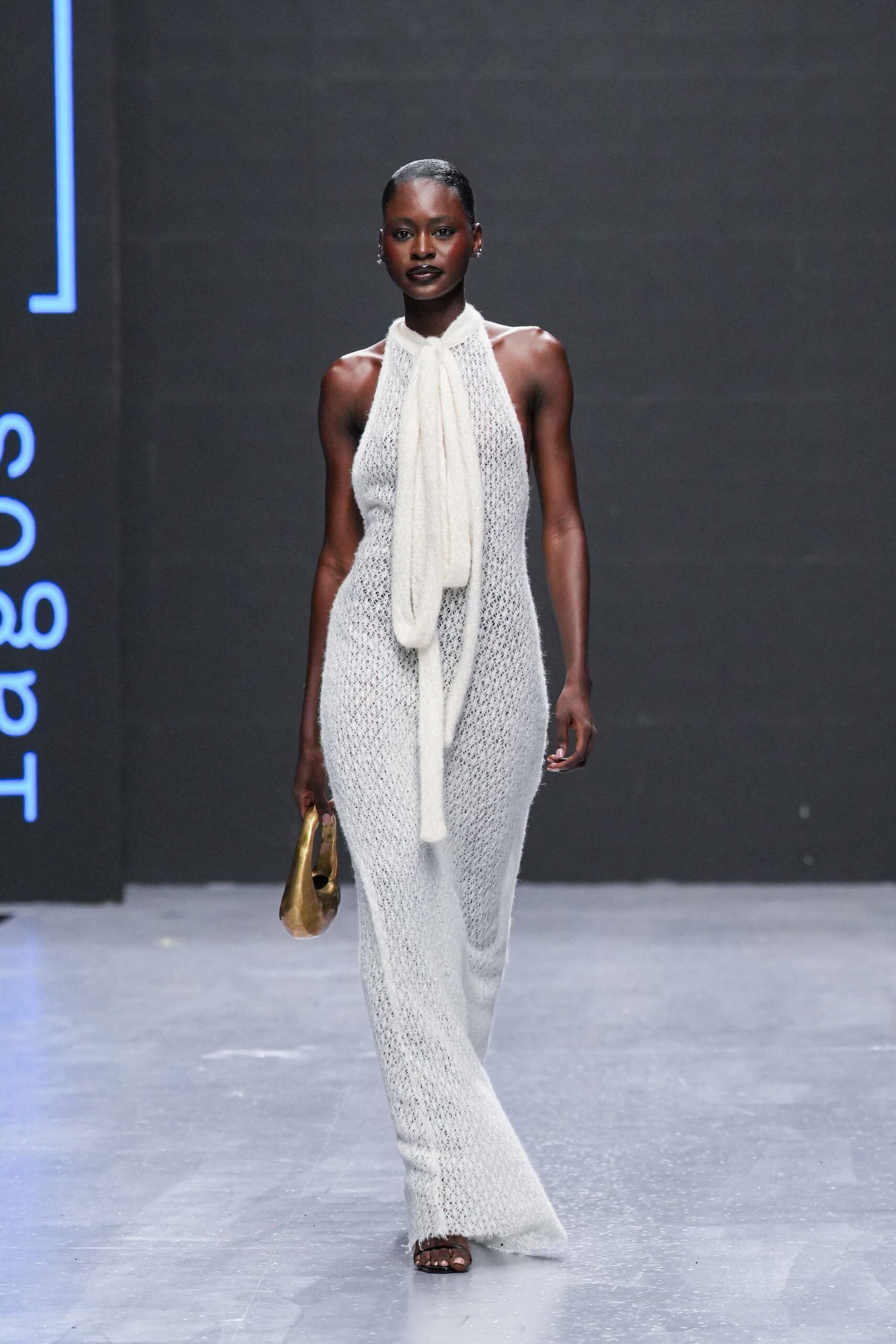 white knit sleeveless high-neck fitted draped maxi gown
