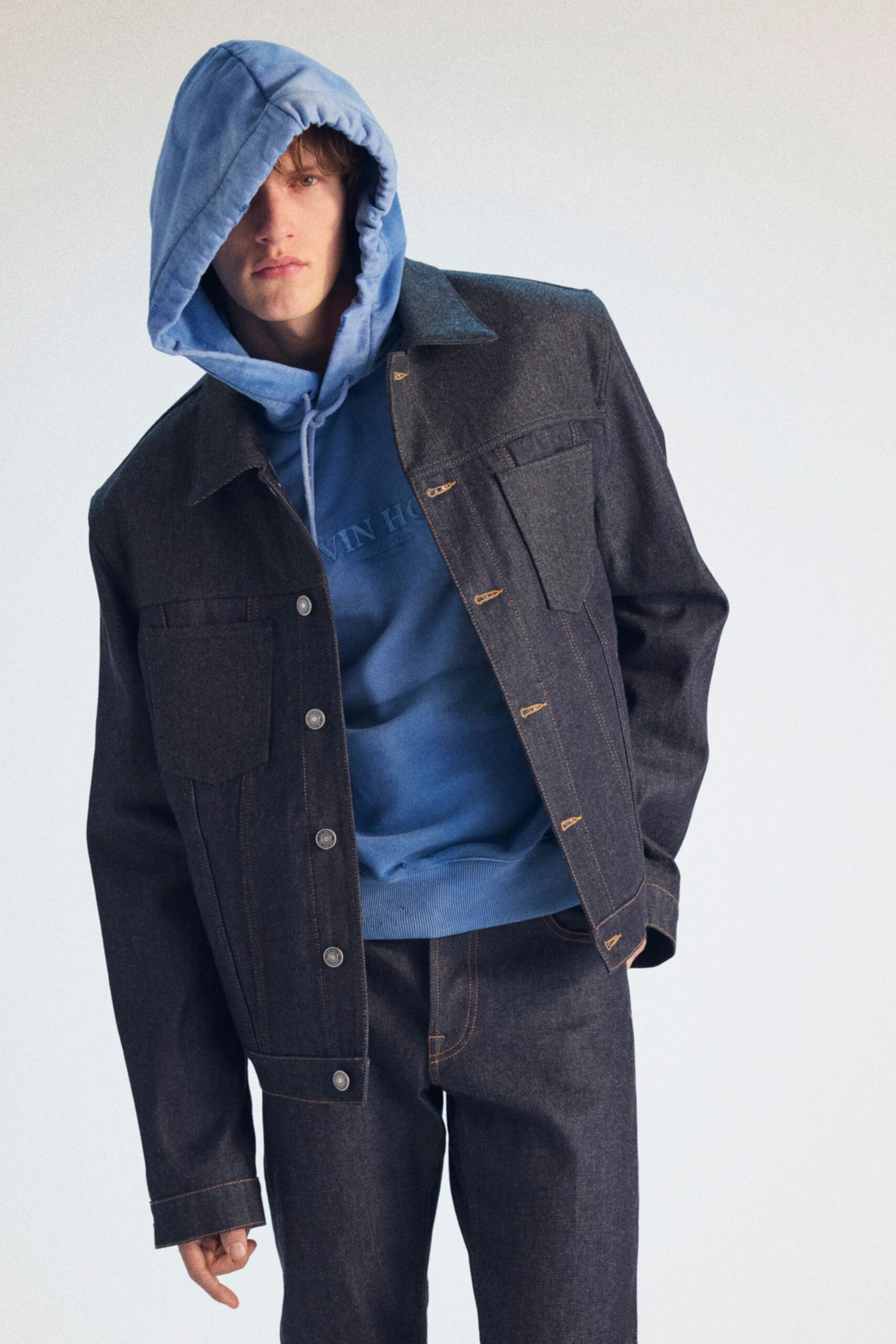 blue cotton long-sleeve hooded relaxed hoodie