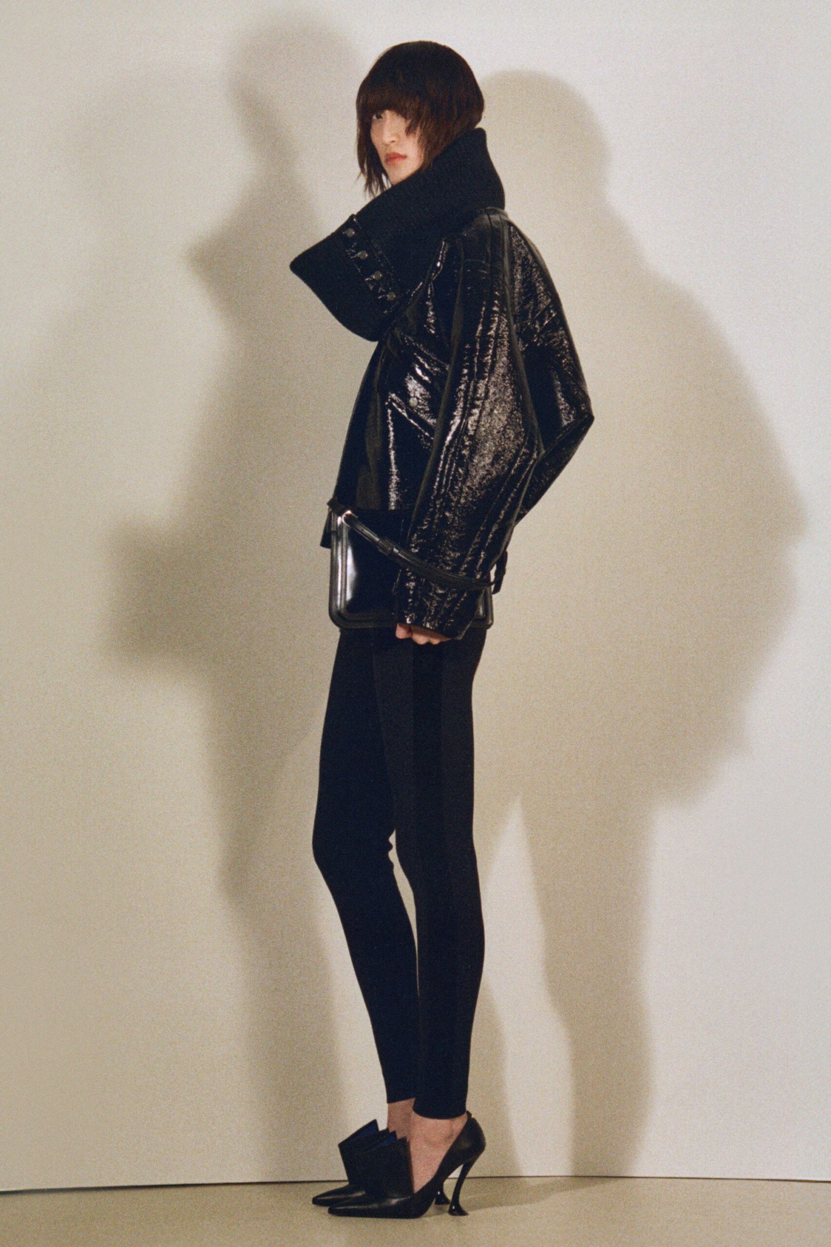 black vinyl long-sleeve collared relaxed shiny jacket