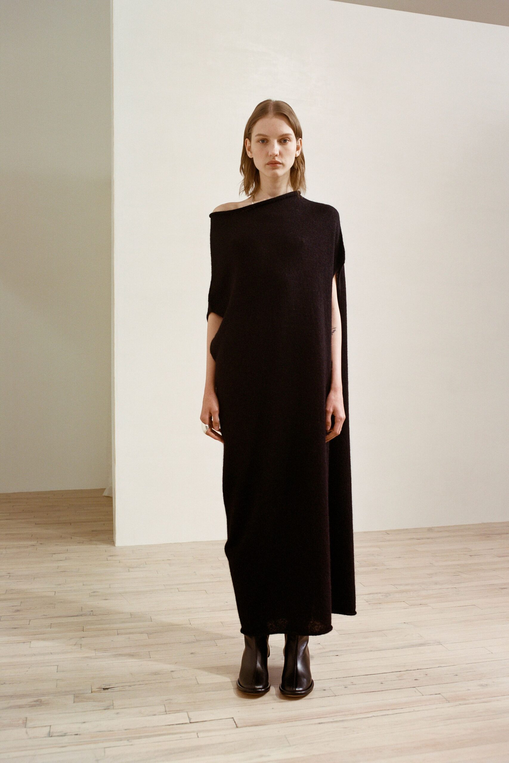 black wool sleeveless high-neck relaxed draped maxi dress