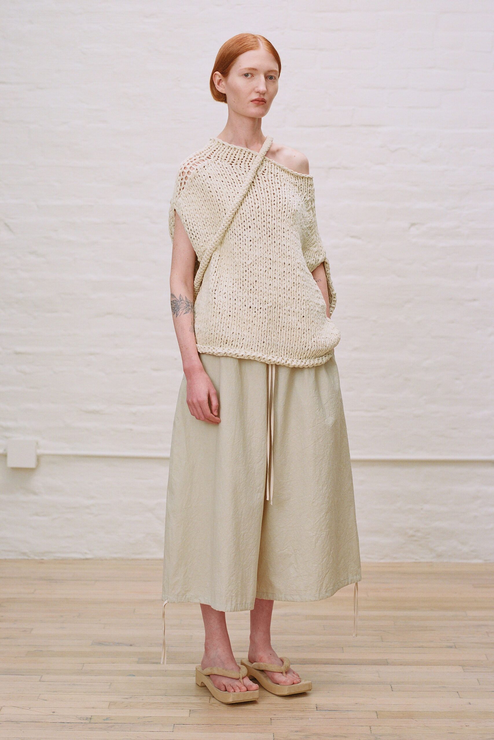 beige cotton sleeveless off-shoulder relaxed top