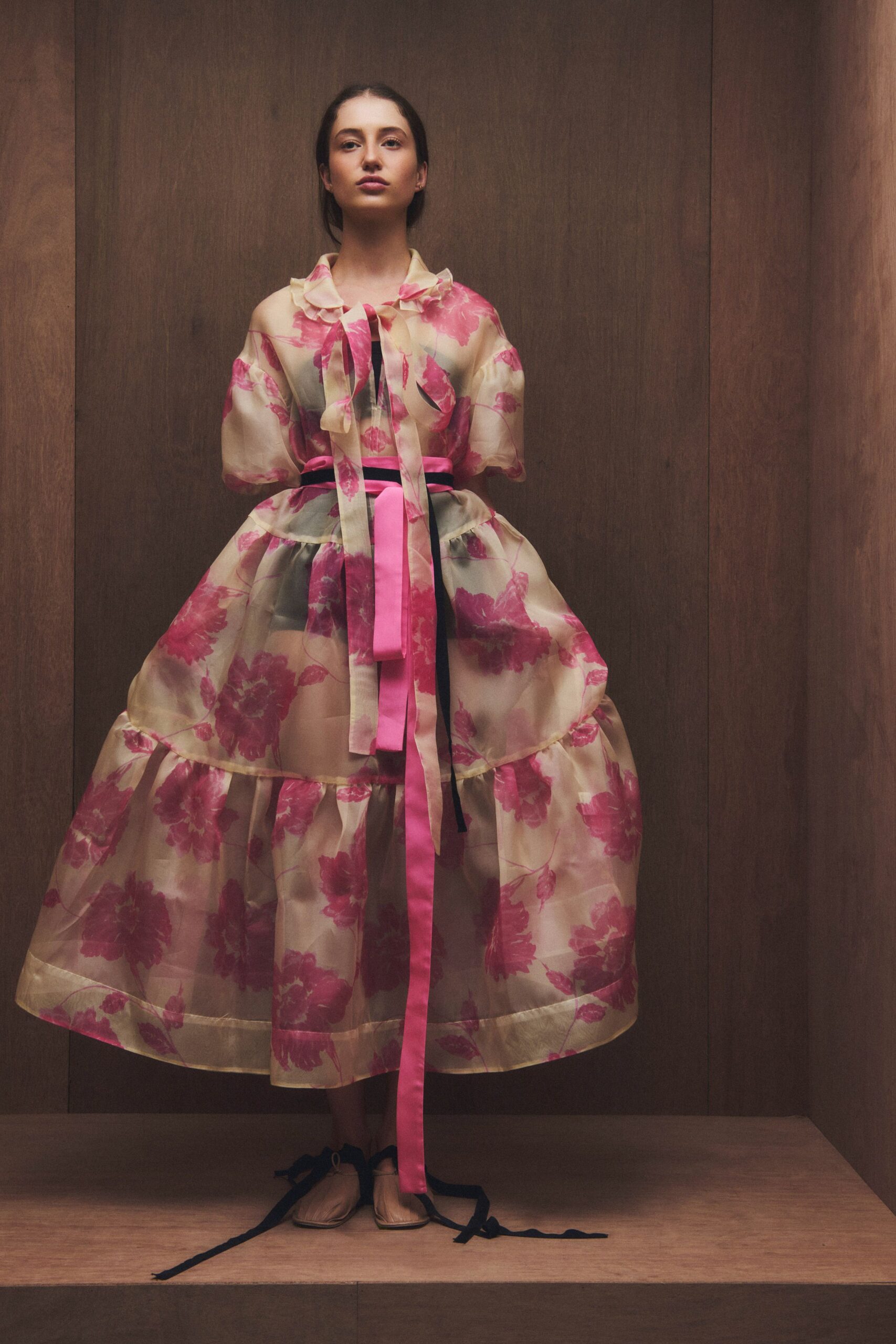 pink chiffon long-sleeve collared fitted floral flared dress