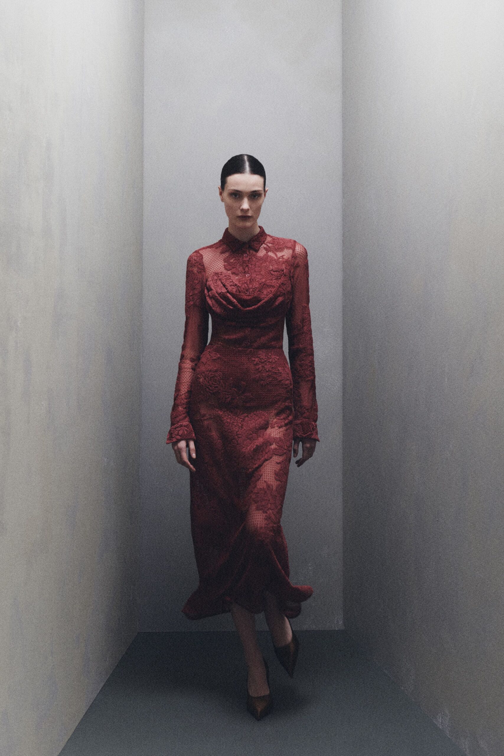 red lace long-sleeve high-neck fitted embroidered draped gown
