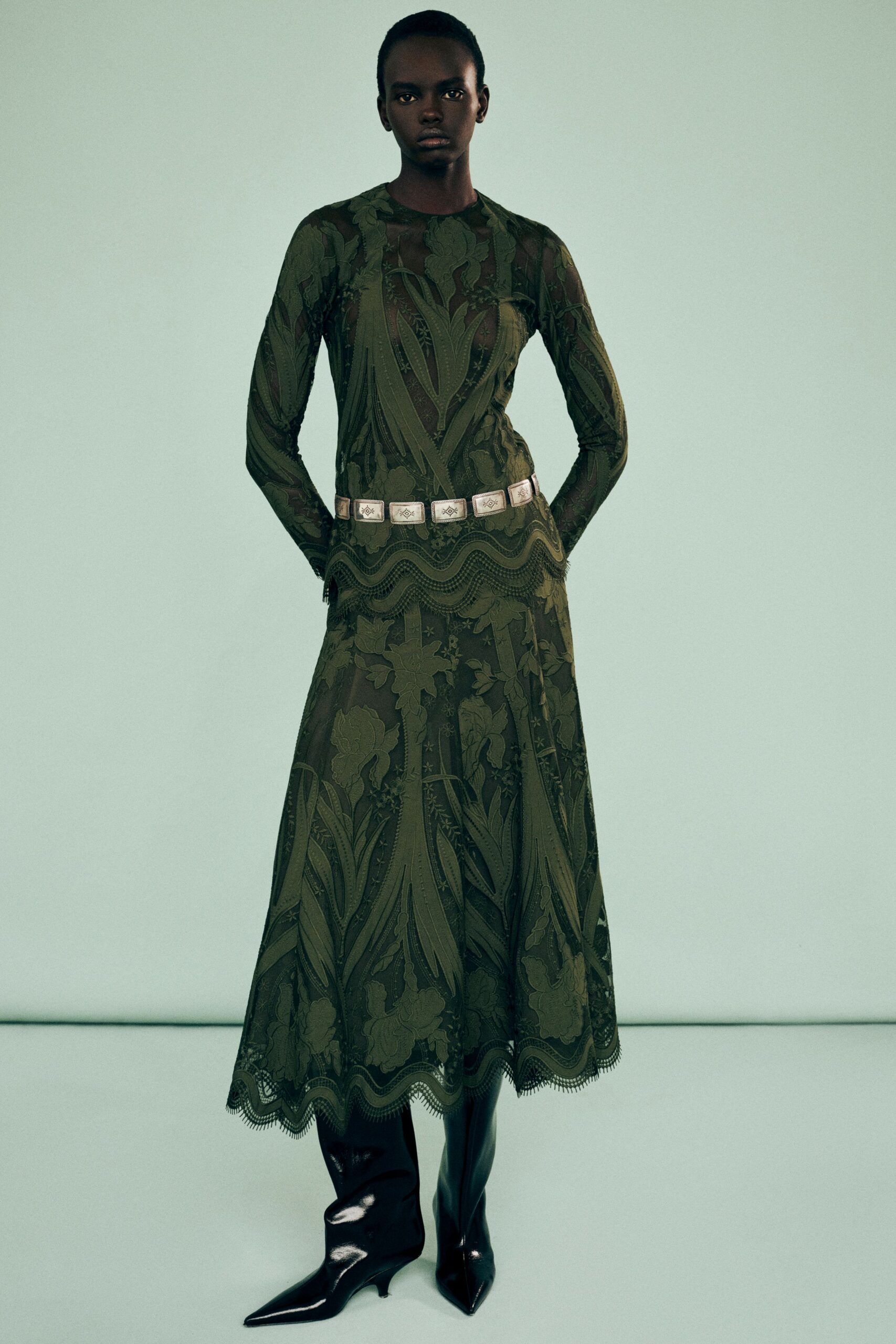 green lace long-sleeve high-neck fitted embroidered tiered dress