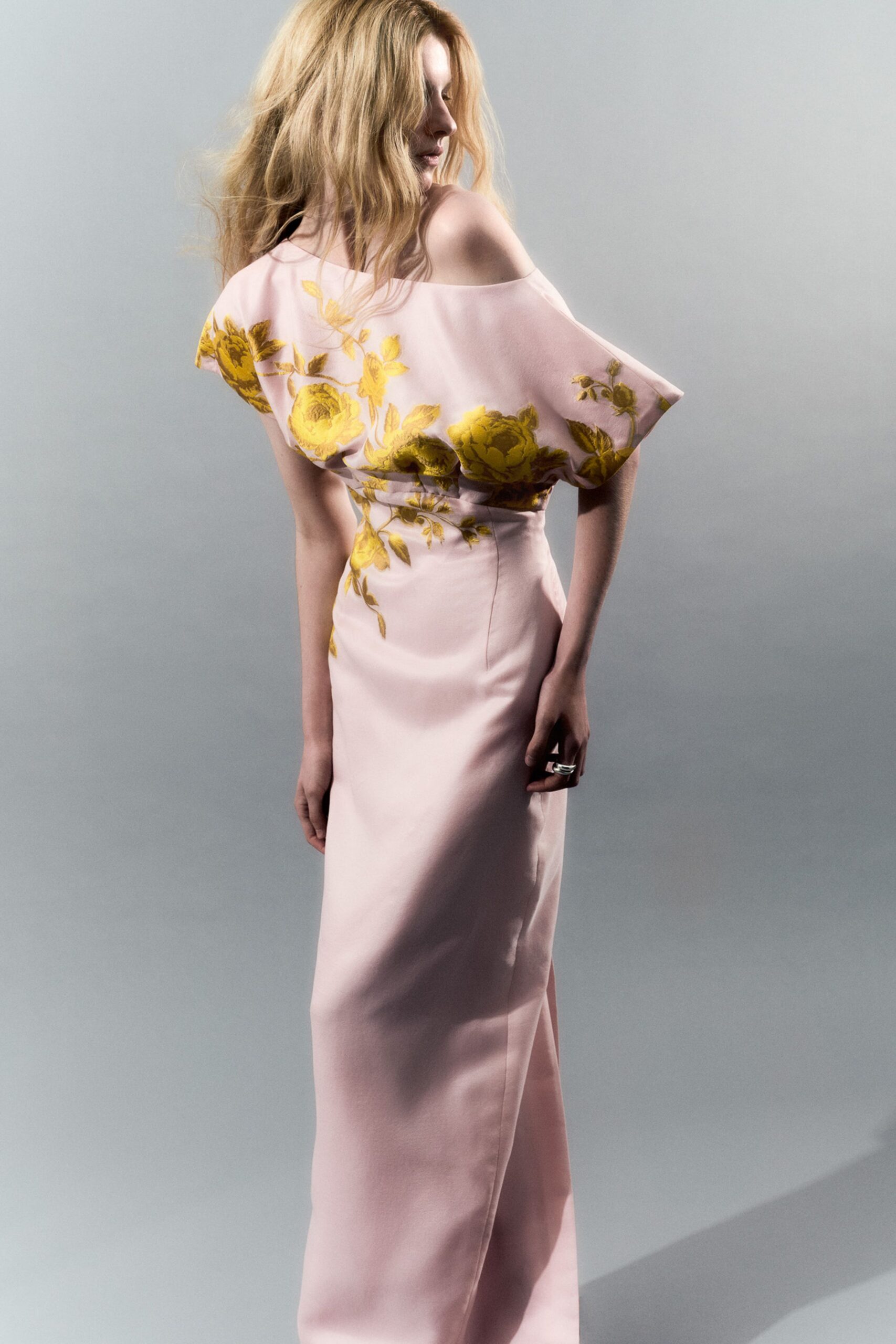 pink silk off-shoulder gown