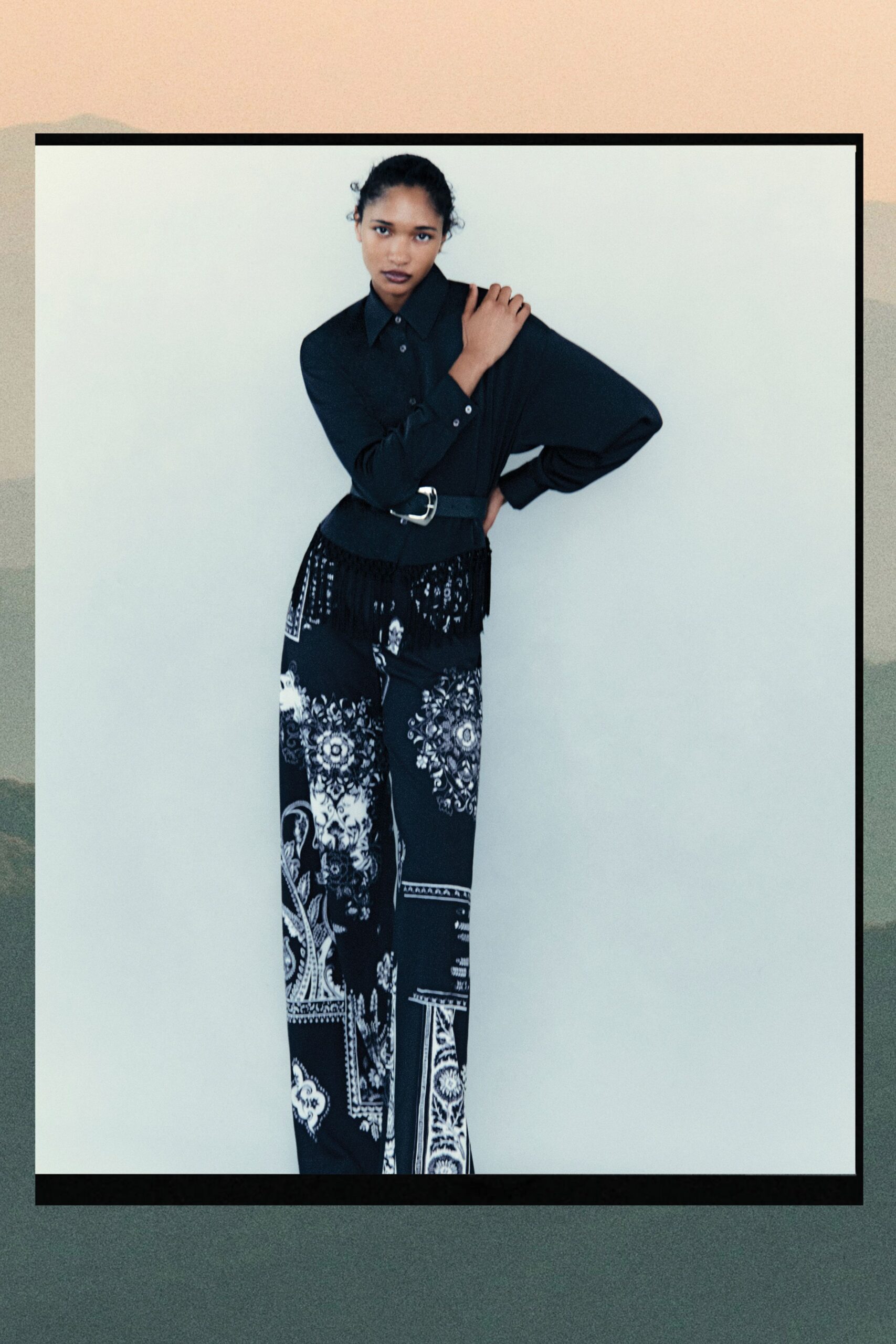 black cotton shirt with printed pants