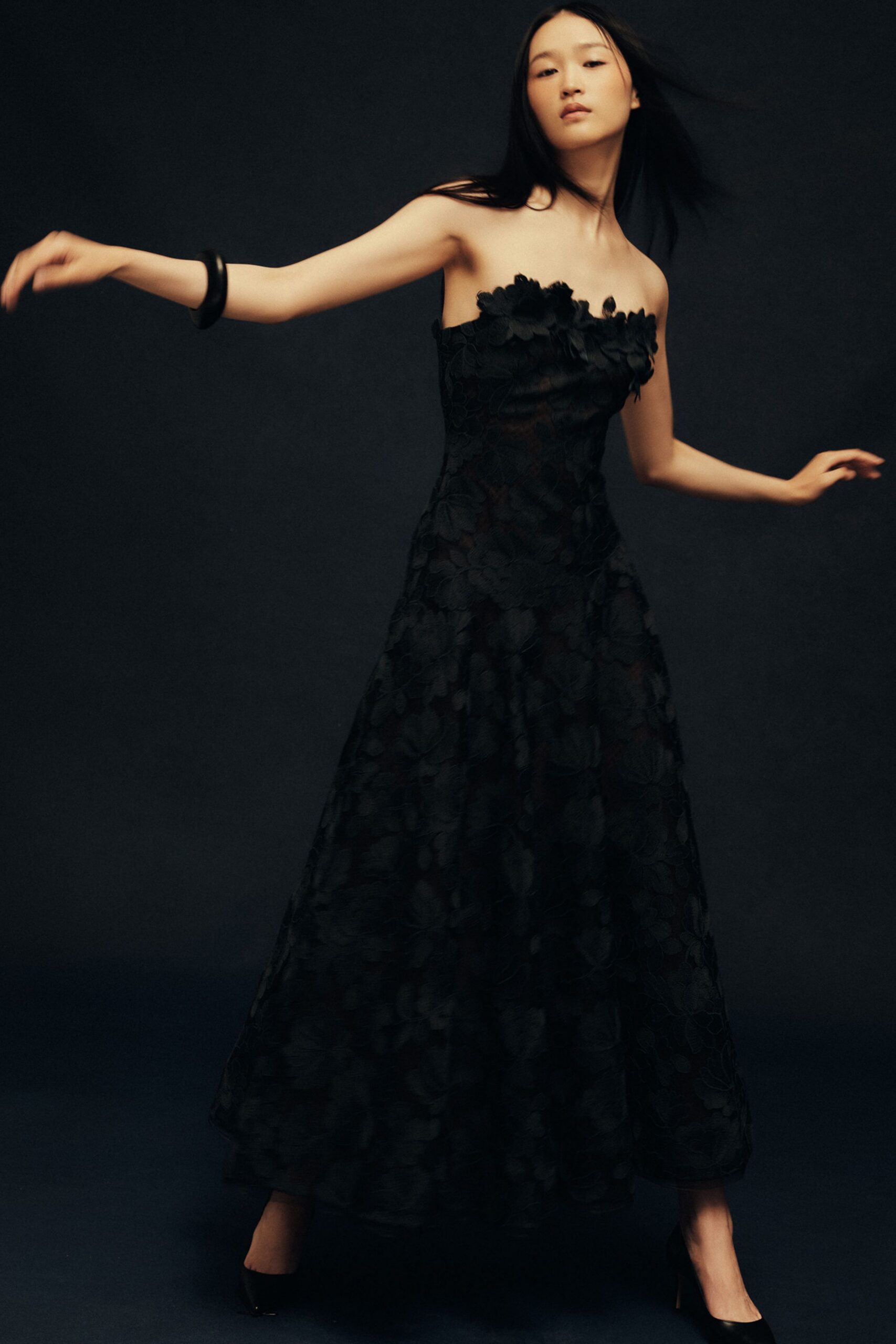 black lace strapless fitted embroidered tiered maxi gown