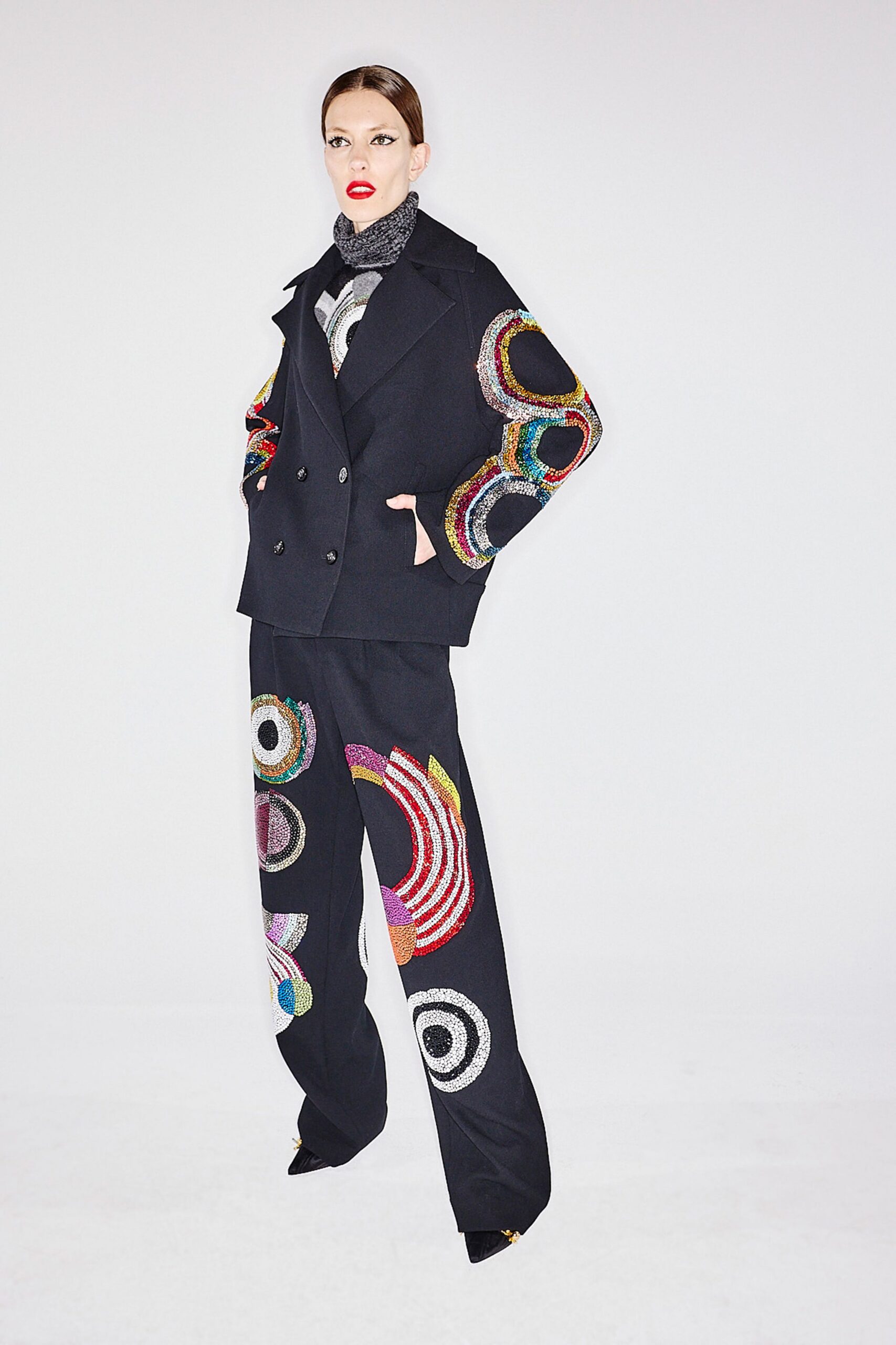 black wool relaxed wide-leg embroidered pants