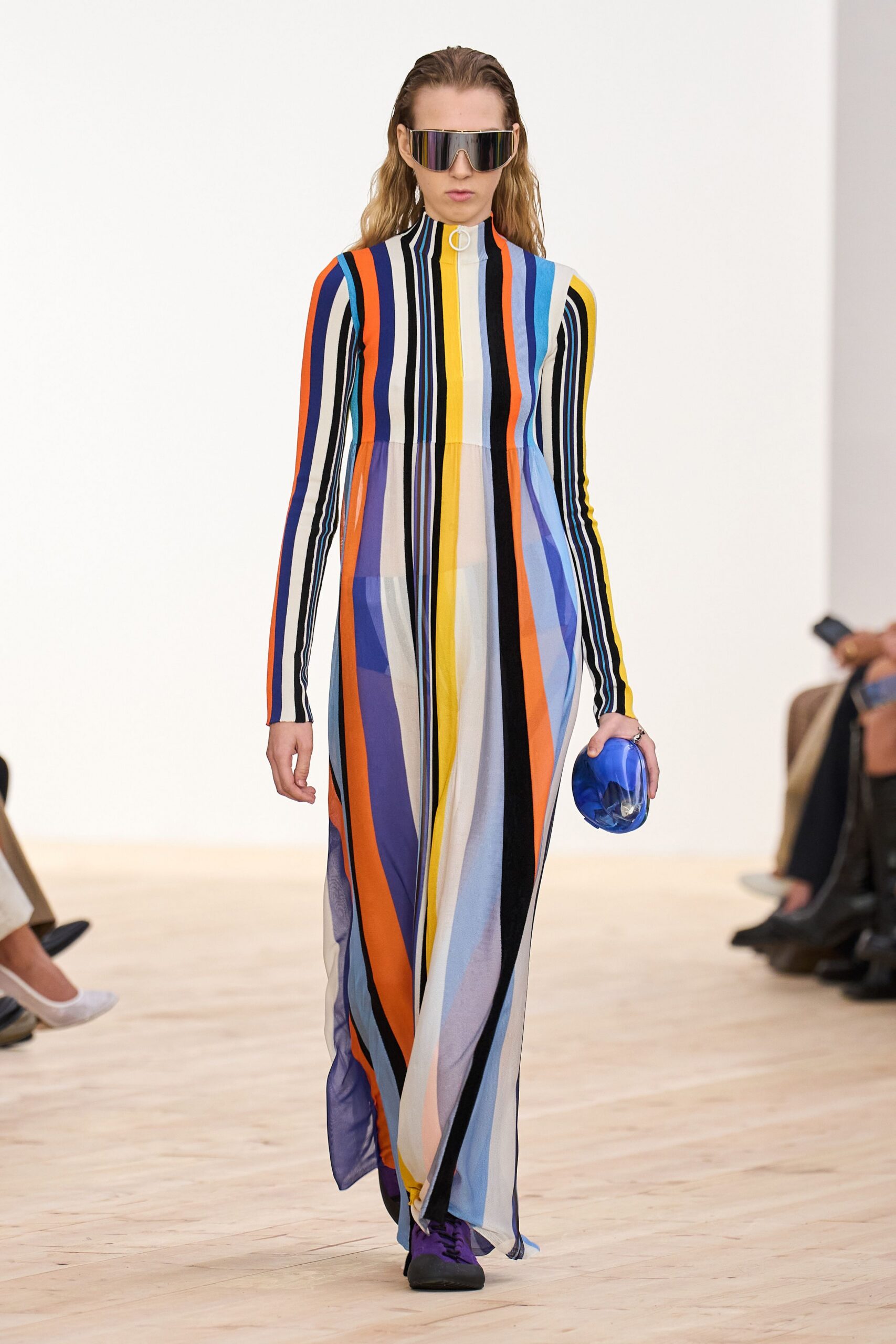multi chiffon long-sleeve high-neck fitted striped layered dress