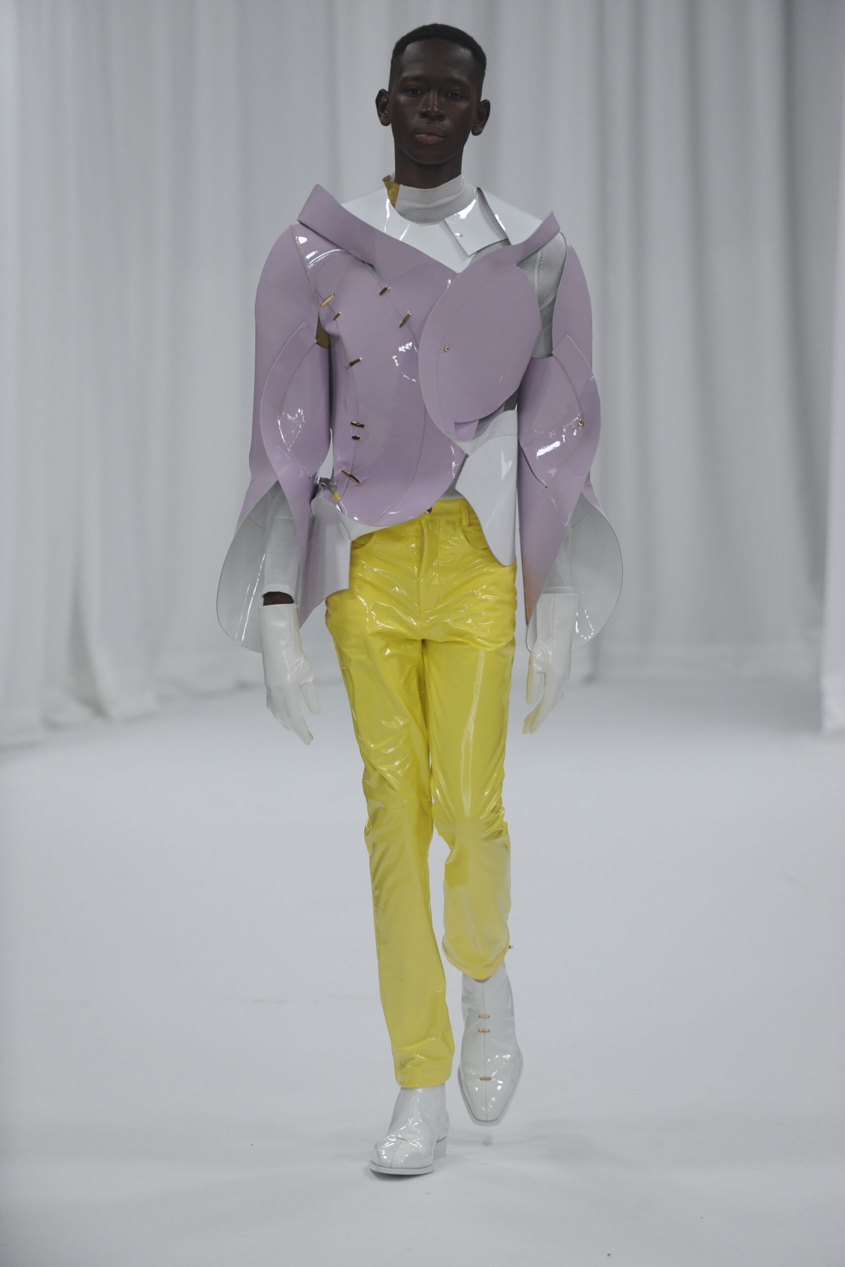 purple vinyl long-sleeve structured layered shiny jacket