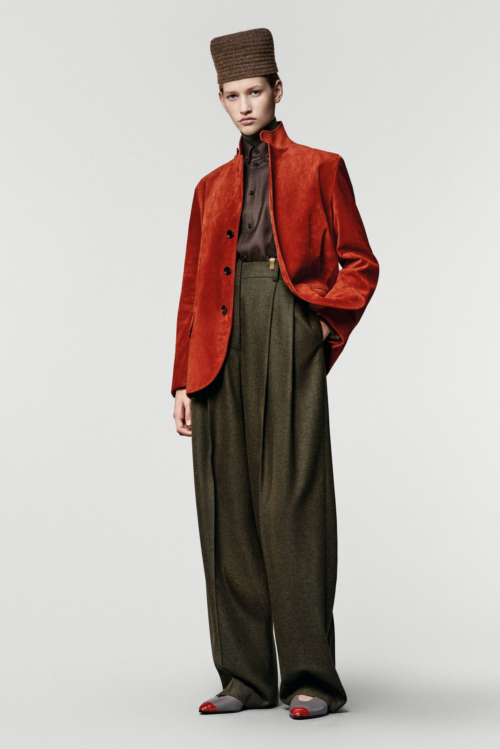red velvet long-sleeve collared structured jacket