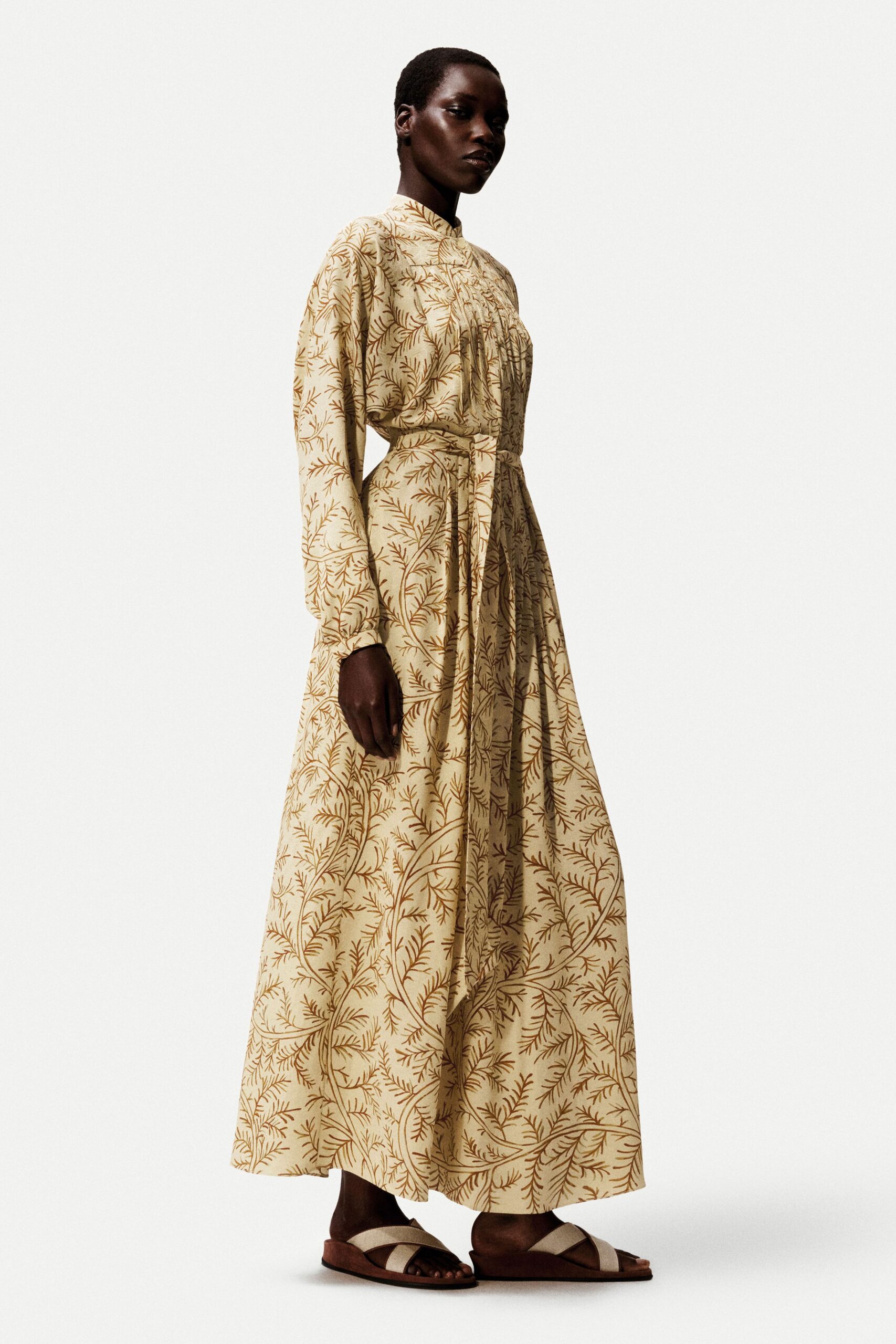 beige cotton long-sleeve collared relaxed printed pleated dress