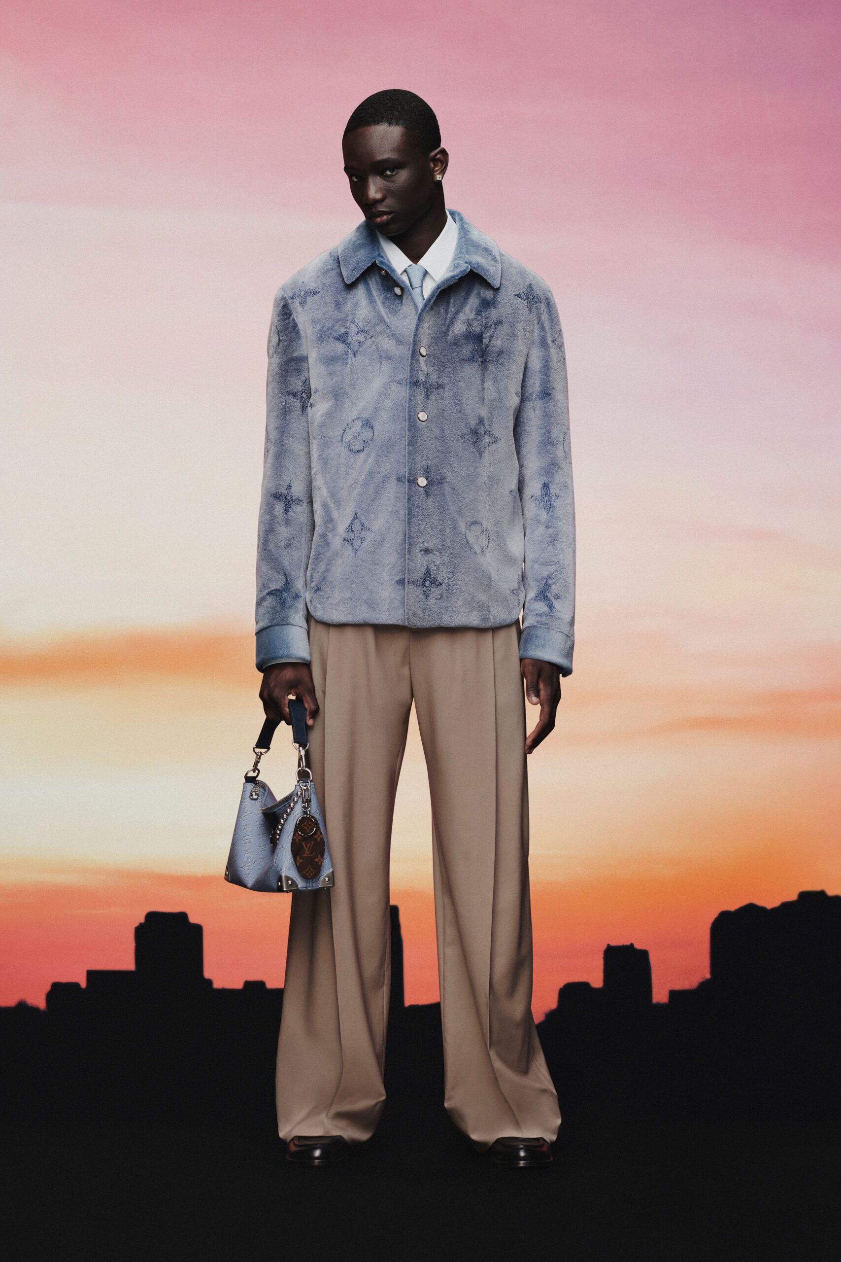 blue faux-fur long-sleeve collared relaxed buttoned jacket