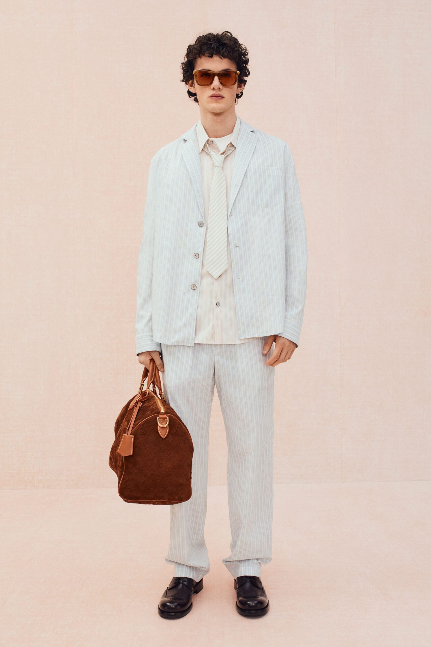 light blue striped suit with accessories