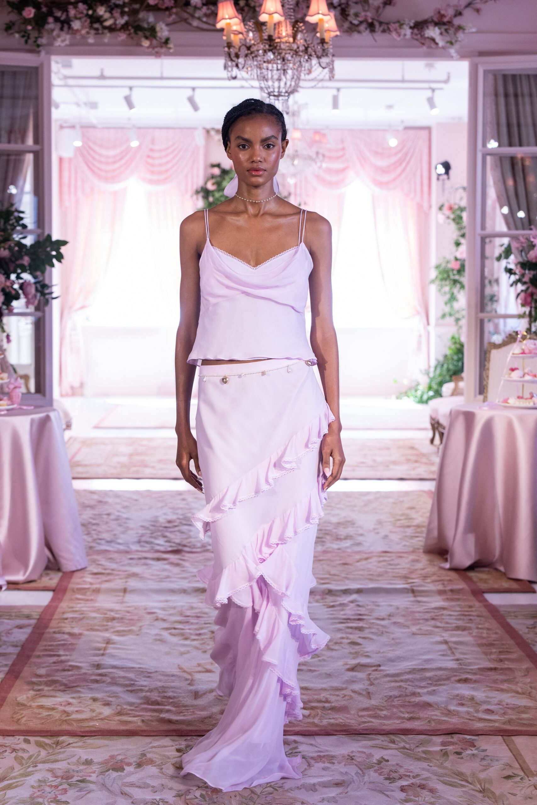 pink silk fitted tiered ruffled maxi skirt