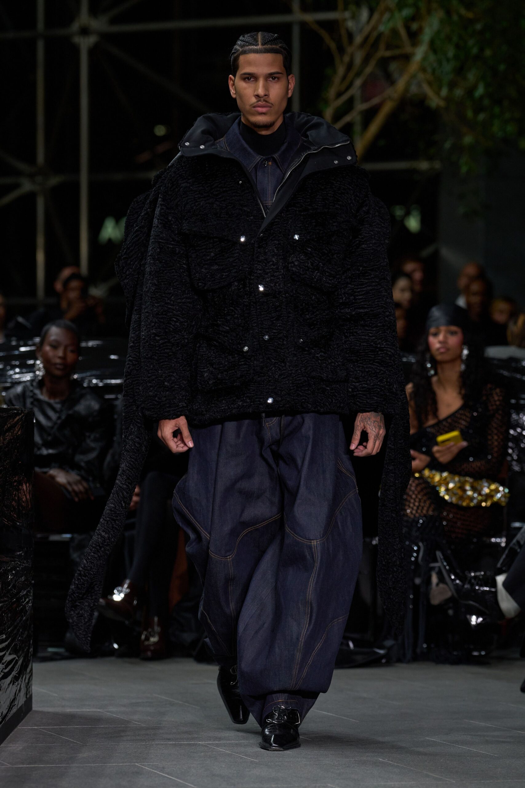 black oversized coat with denim pants