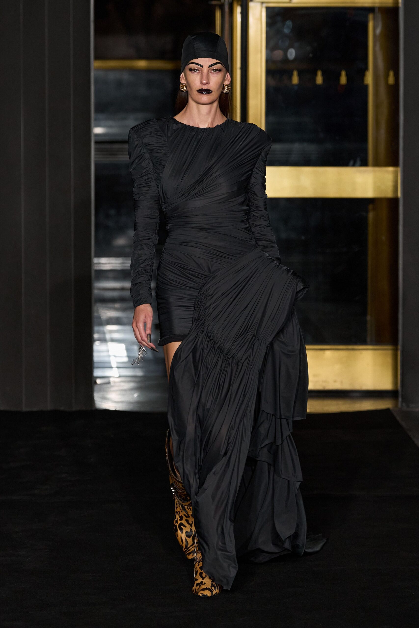 black silk long-sleeve v-neck fitted draped tiered dress