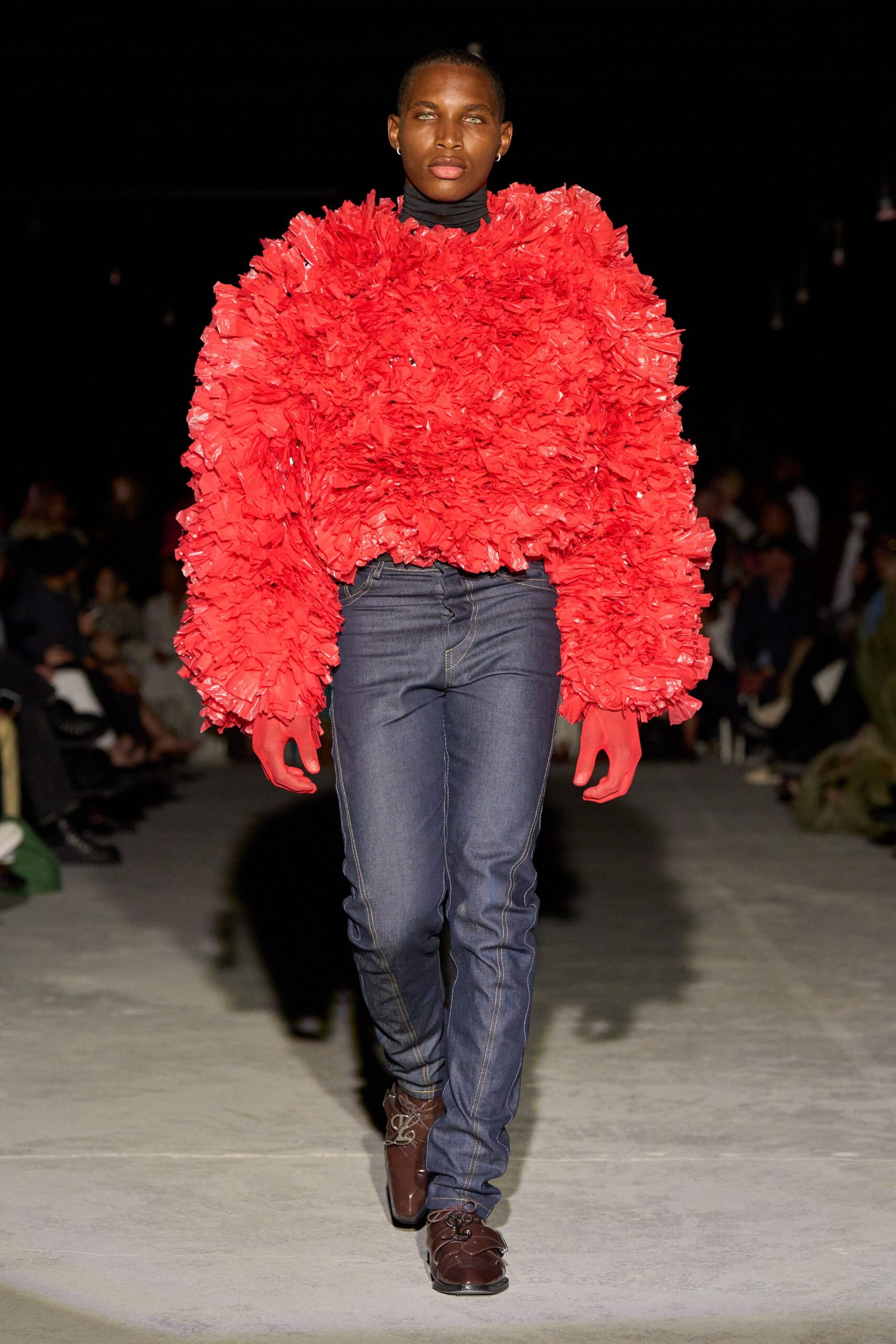red long-sleeve high-neck oversized ruffled top