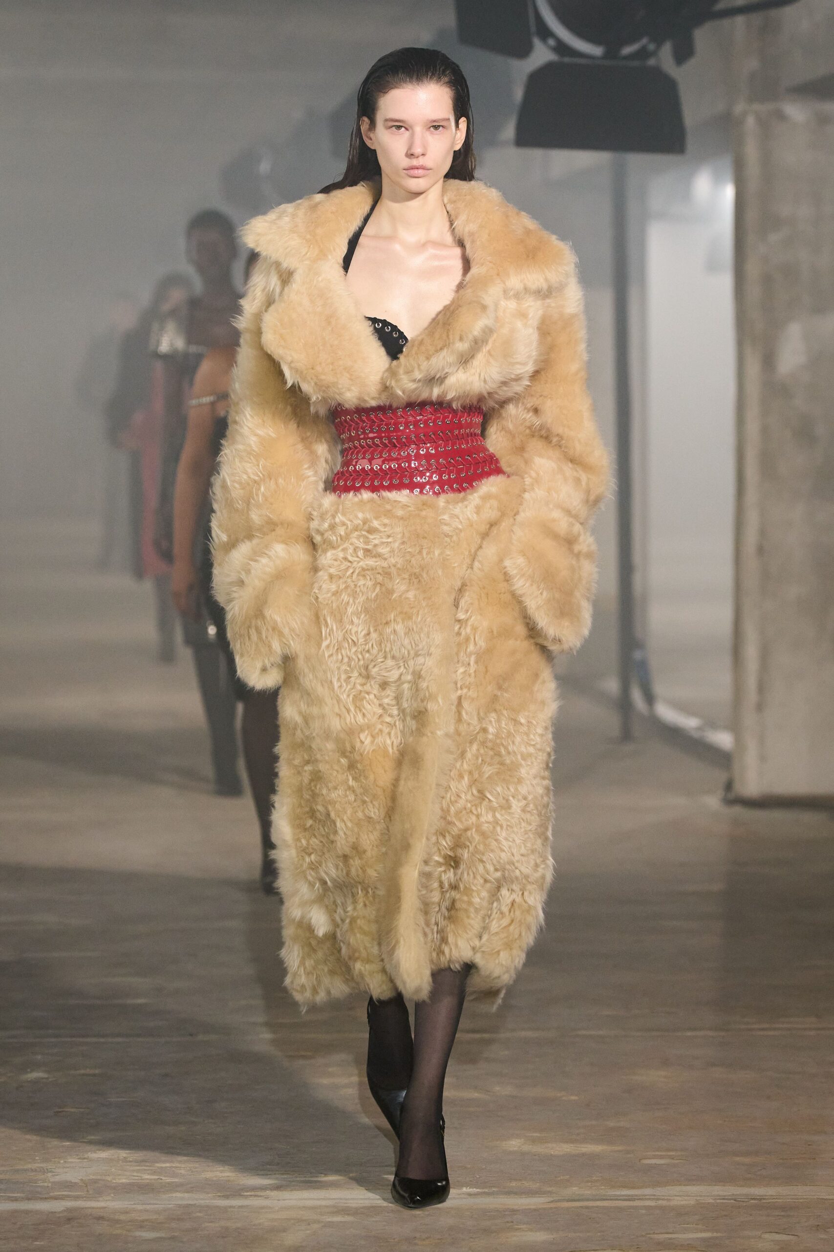 beige fur long-sleeve relaxed draped maxi coat
