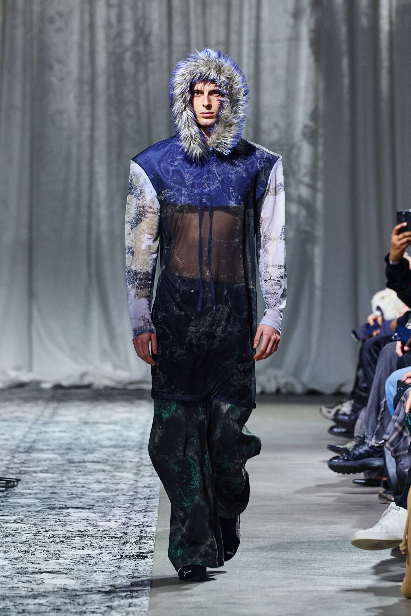 blue silk long-sleeve hooded relaxed printed sheer jacket